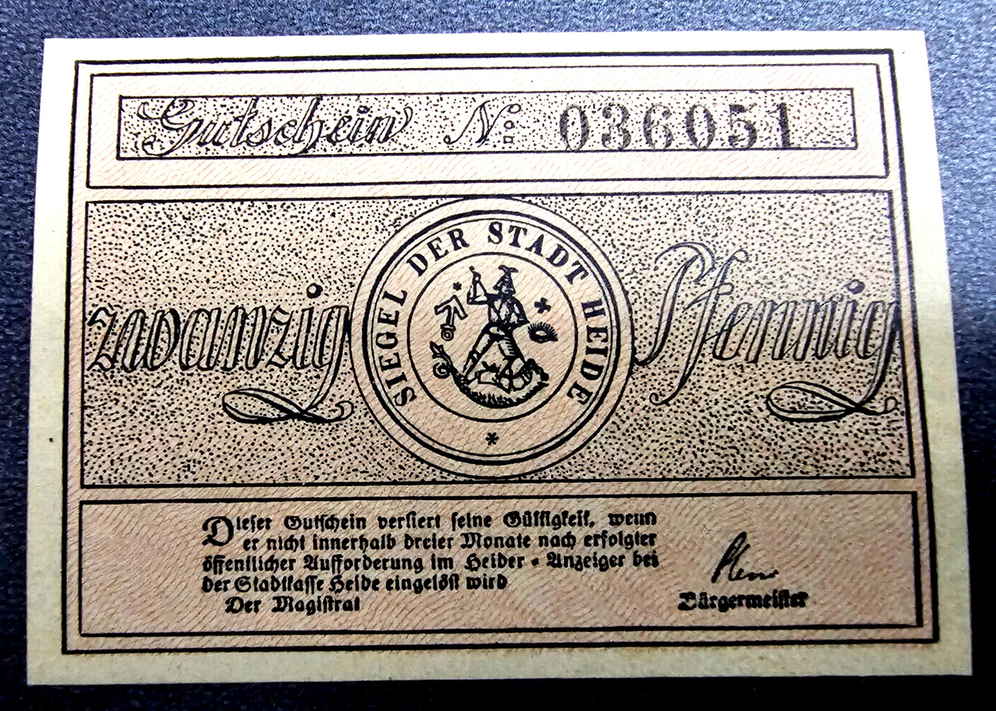 HEIDE NOTGELD 20 PFENNIG 1920 EMERGENCY MONEY GERMANY BANKNOTE (33368)