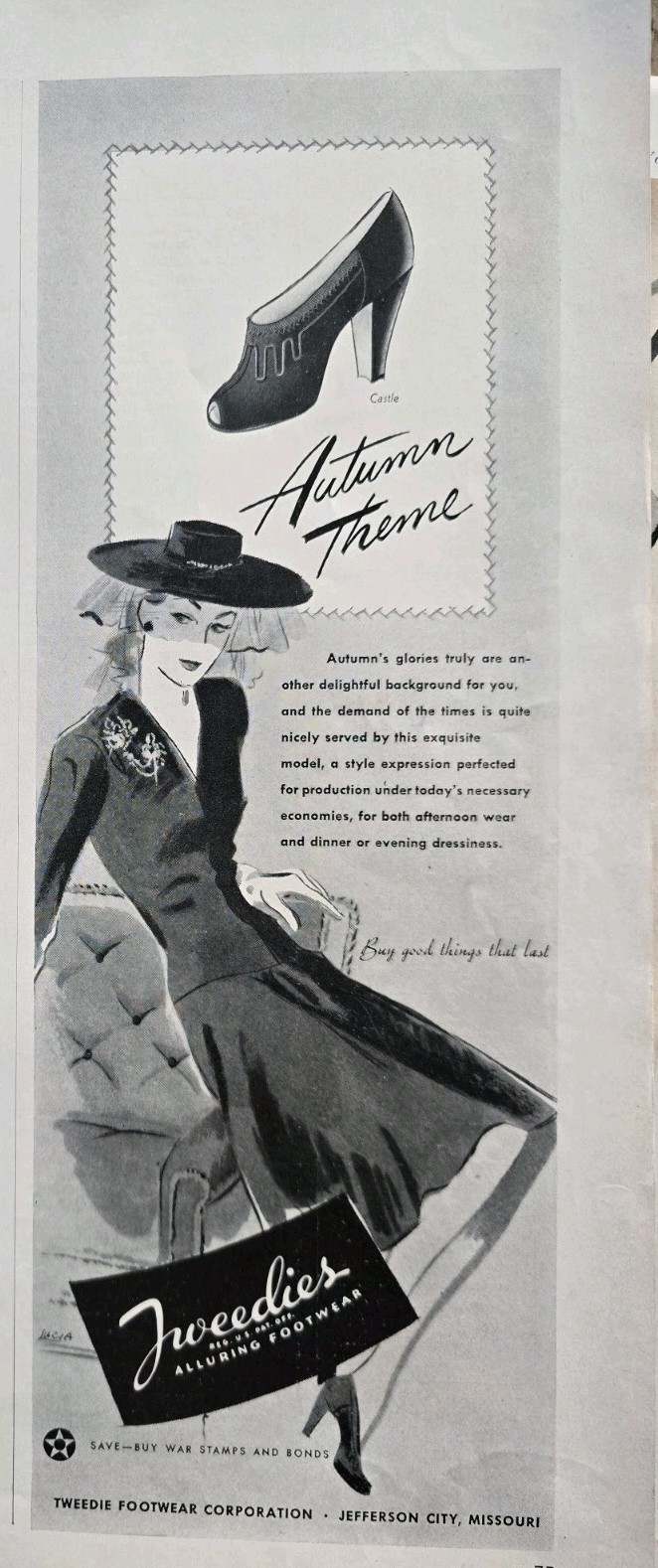 1942 Women's Tweedies Footwear Autumn theme shoes Vintage Fashion Ad