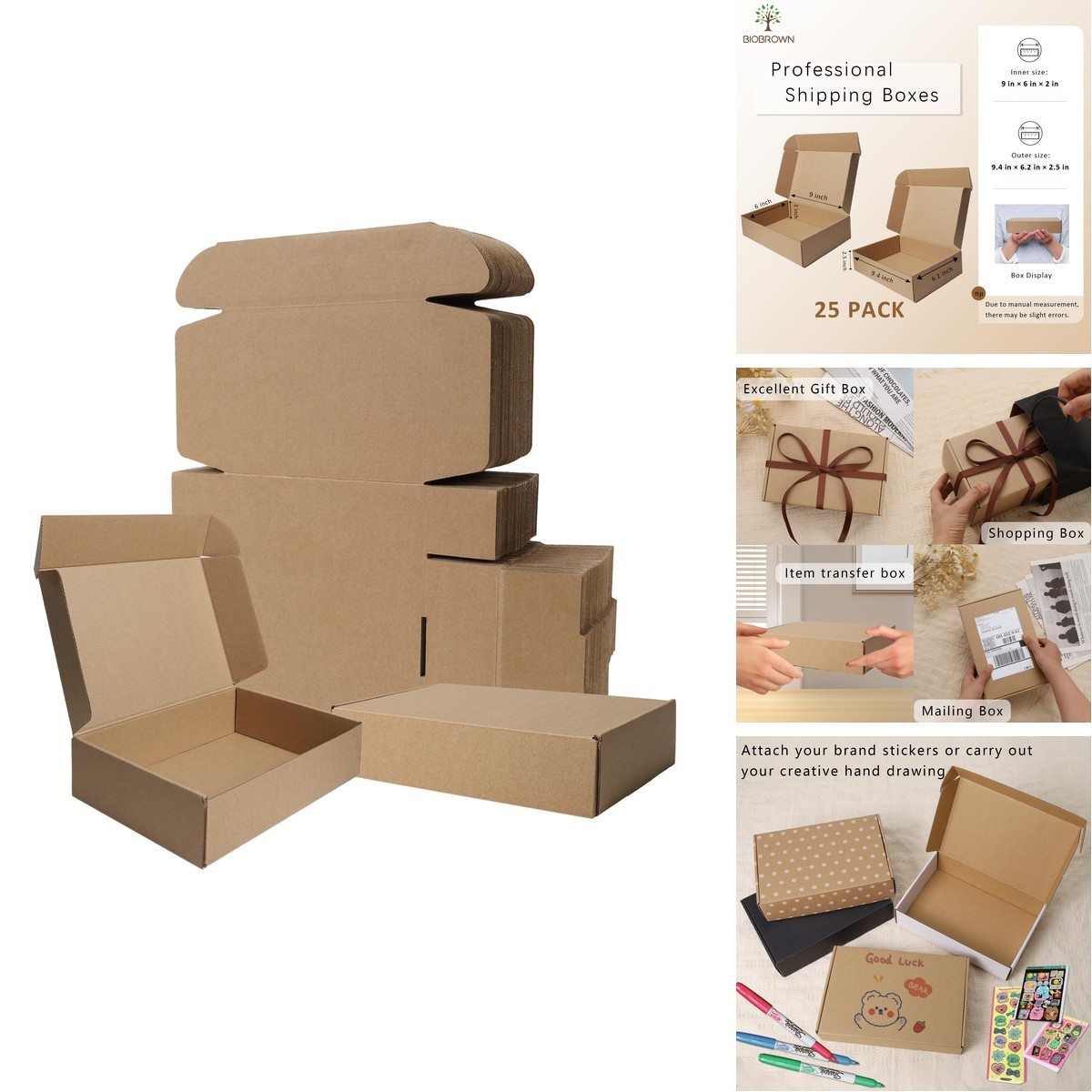 BIOBROWN 9x6x2" Corrugated Cardboard Shipping Boxes