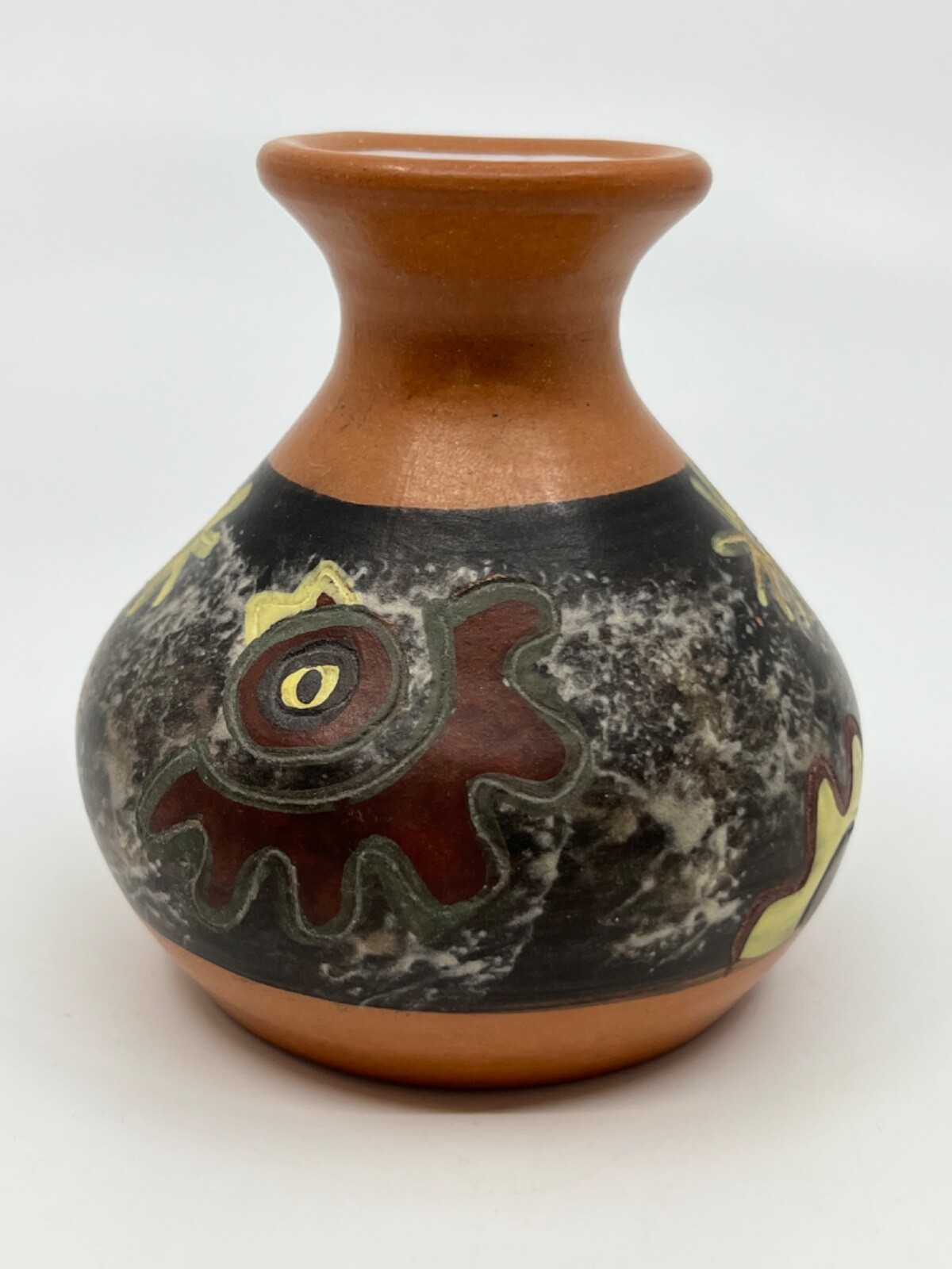 Peruvian Studio Pottery Vase/Jug Seminario 3.5" Flowers & Sun  Marked