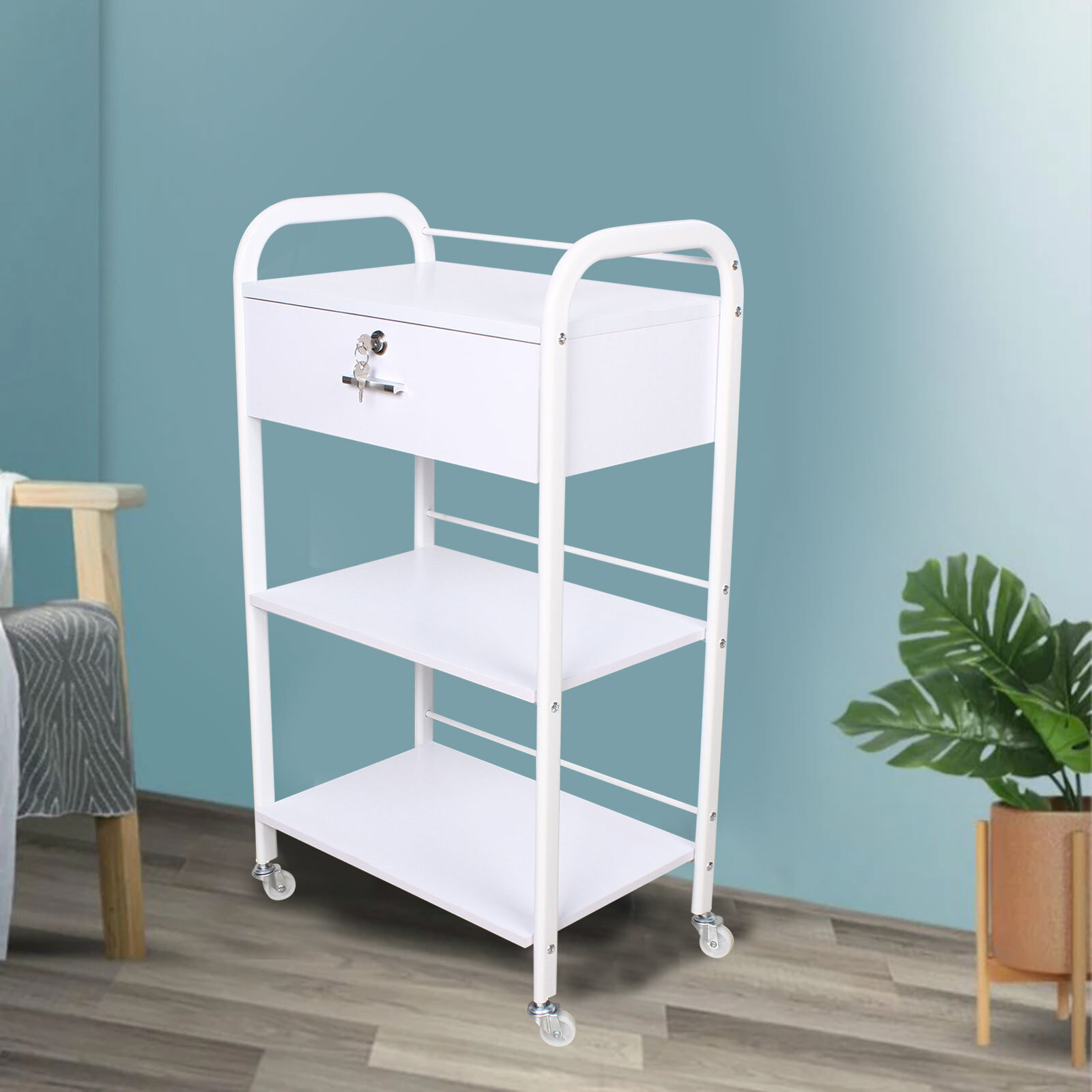 3-Tier Mobile Rolling Utility Cart Esthetician Cart Trolley White With 4 Wheels