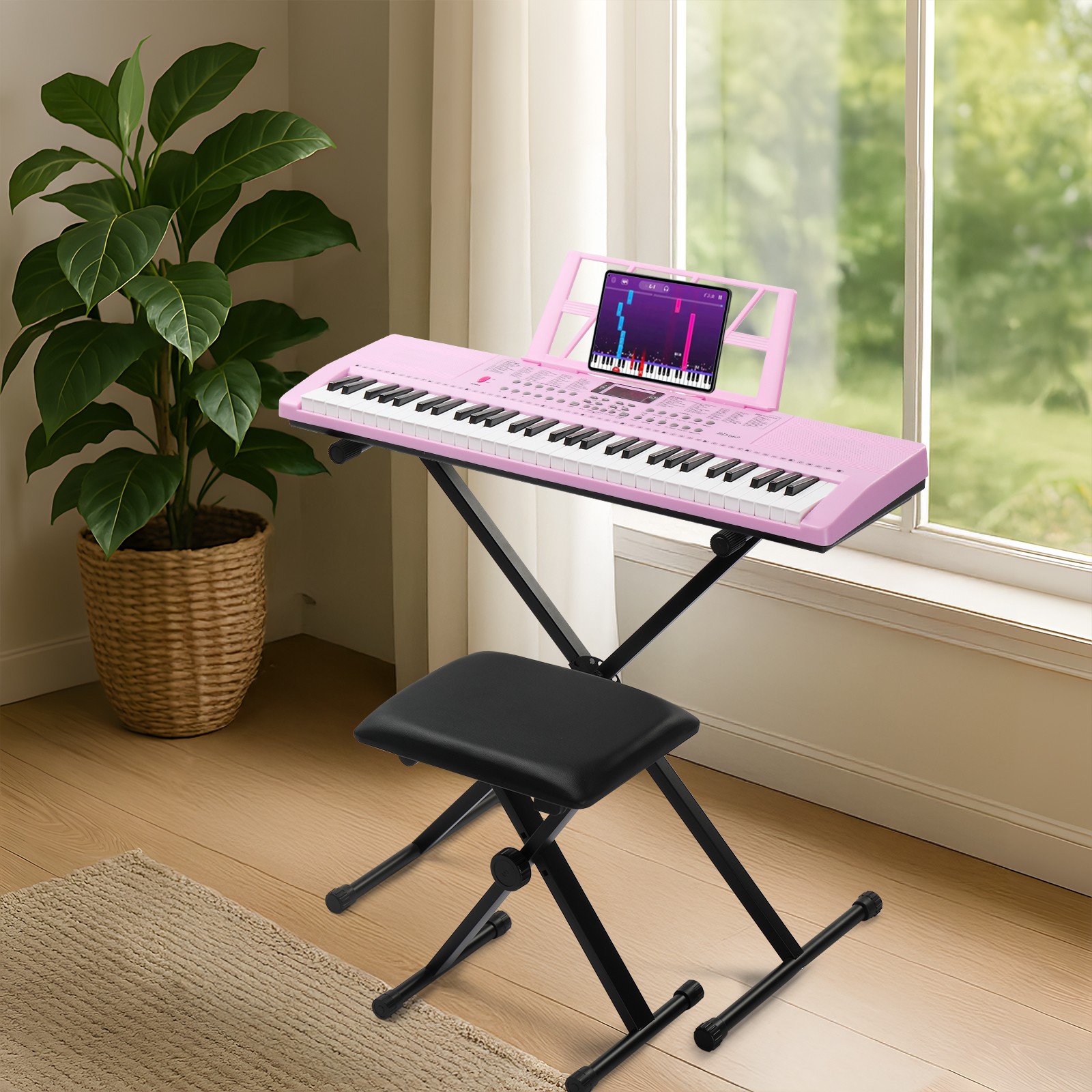 Ktaxon GEP-110S01 61 Key Lighting Keyboard with Piano X style Stand Pink