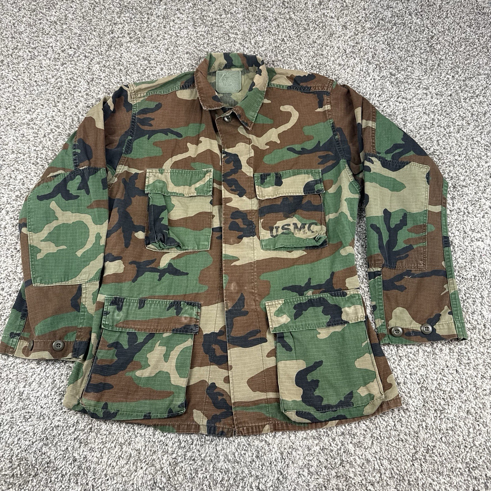 VTG 1986 USMC Woodland Camo BDU Jacket 100% Cotton Stencil Small Regular 80s