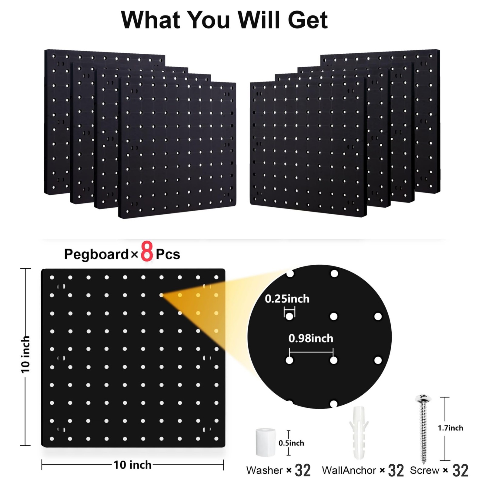 Peg Board Wall Organizer Panels - 8Pcs Black ABS Pegboard Wall Mount for Home...