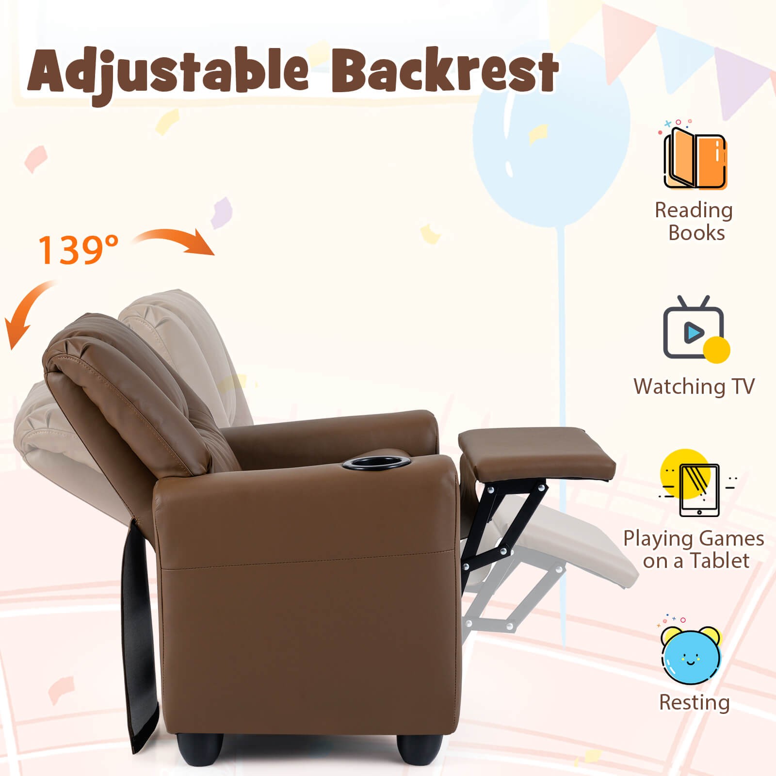 Kids Recliner w/Cup Holder Adjustable Backrest & Footrest for Boys & Girls