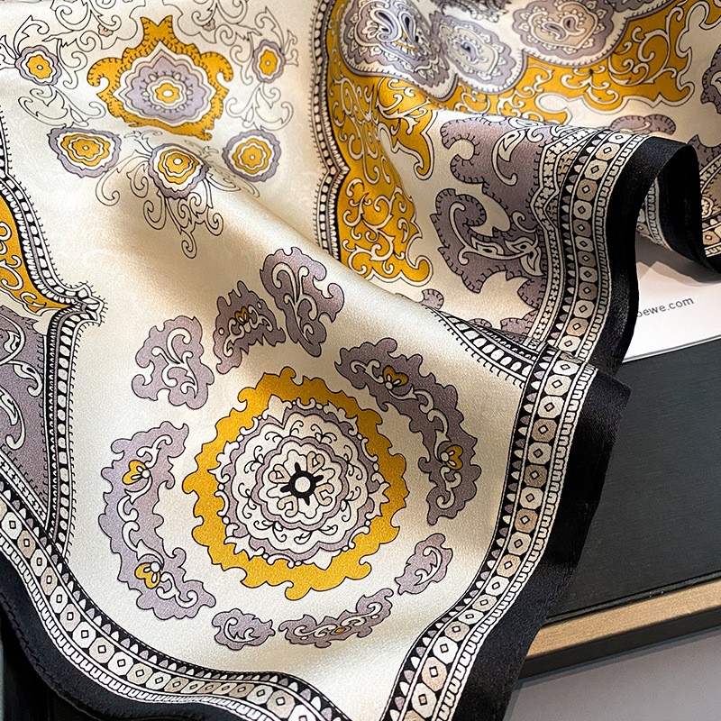 100% Silk Square Scarf Women Neckerchief Bandana Wrap Beige Yellow Paisley 68cm-