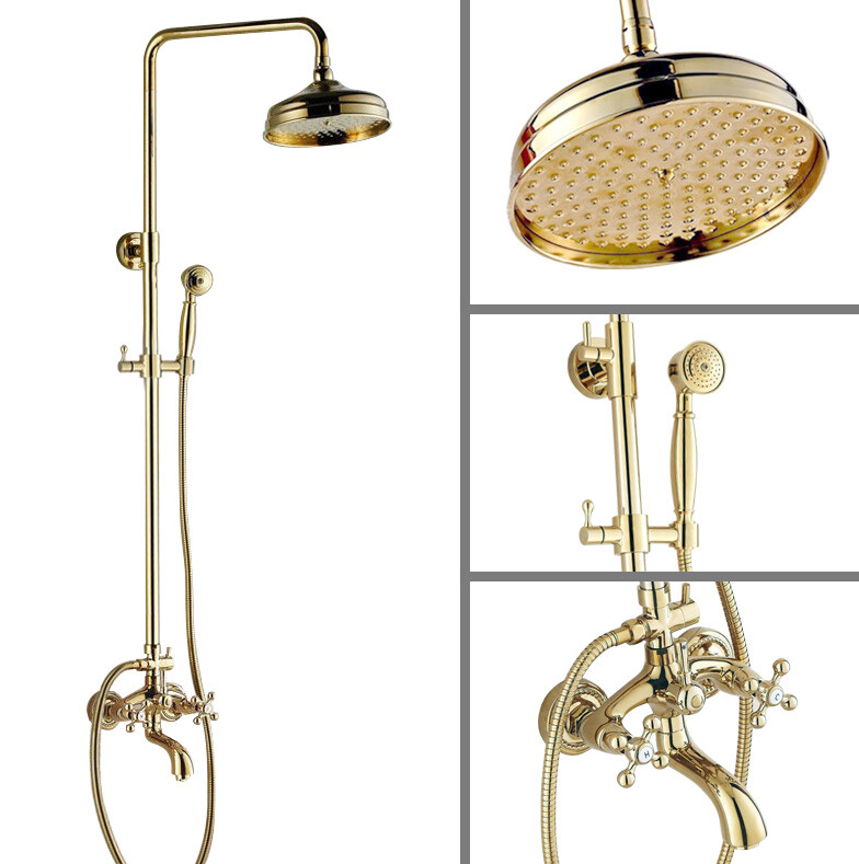 8" Golden Brass Bathroom Rain Shower Faucet Set Wall Mount Tub Mixer Tap 2gf441