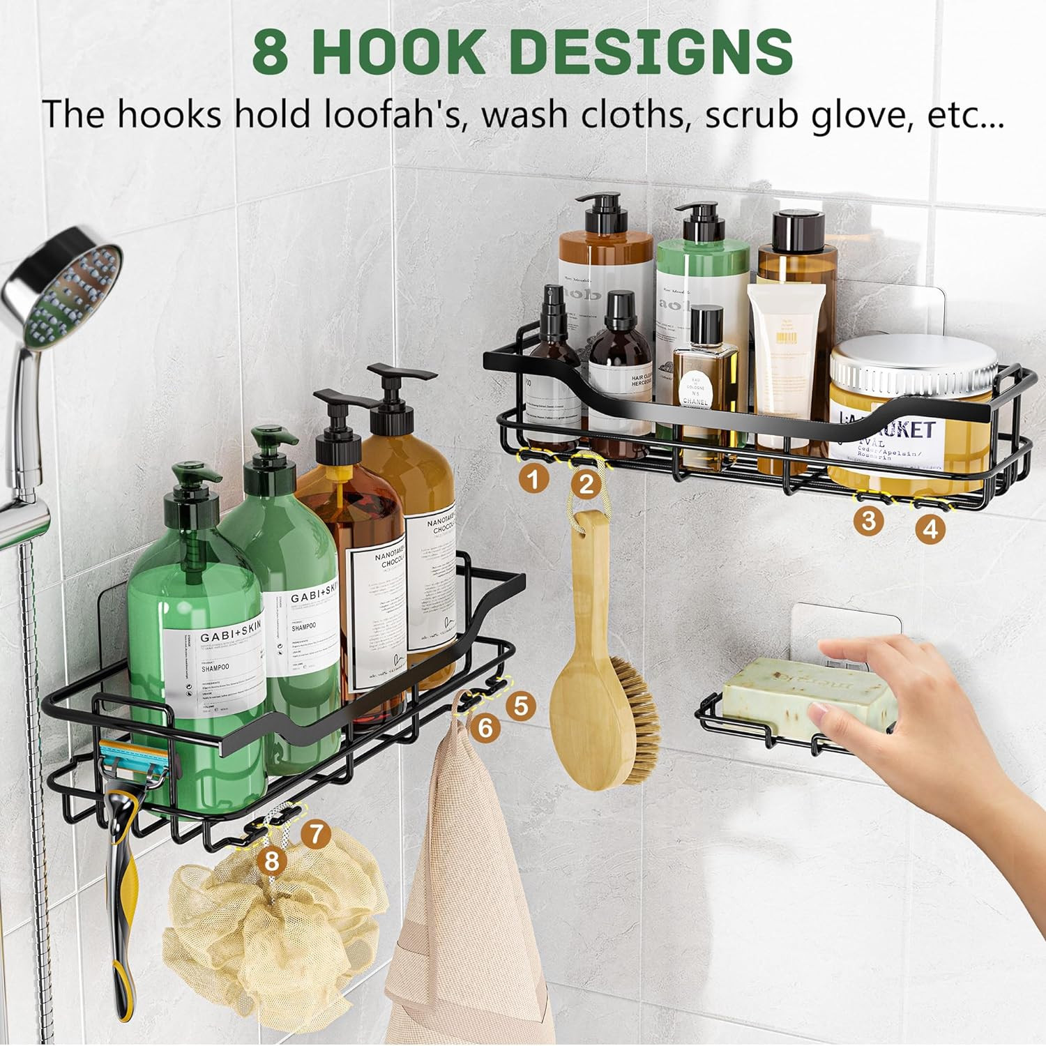 OMAIRA Adhesive Shower Caddy Organizer Rack Storage with Large, Black - Large