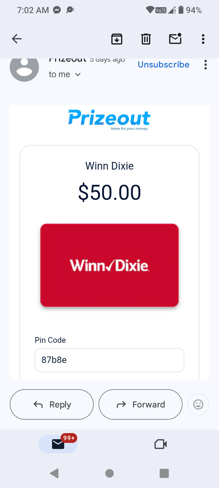 Winnie Dixie gift card it's a E gift card so  it's digital don't have to be mail