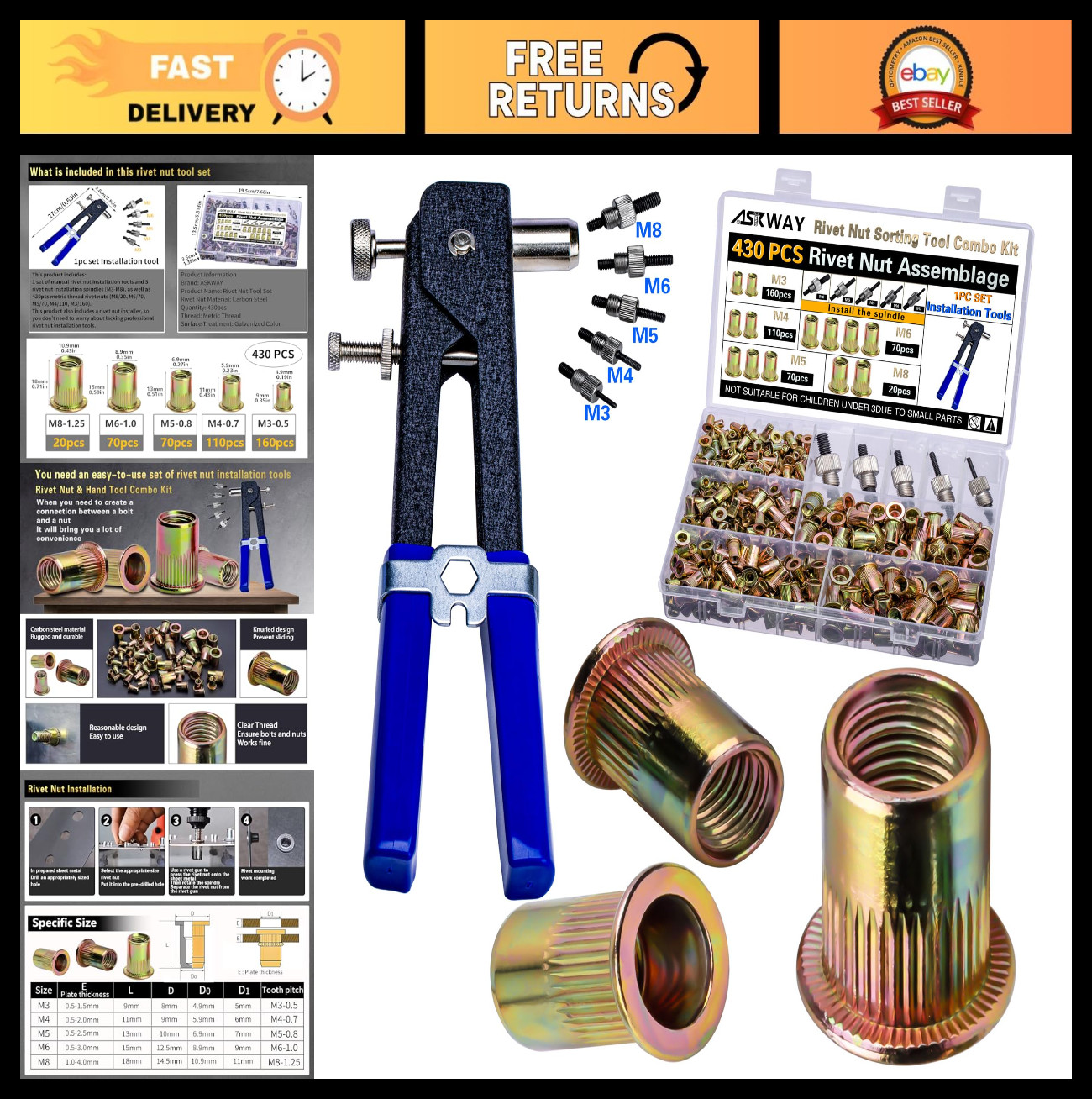 430Pcs Pressure Rivet Nut Tool Kit - Metric M8/M6/M5/M4/M3 for Automotive, Furni