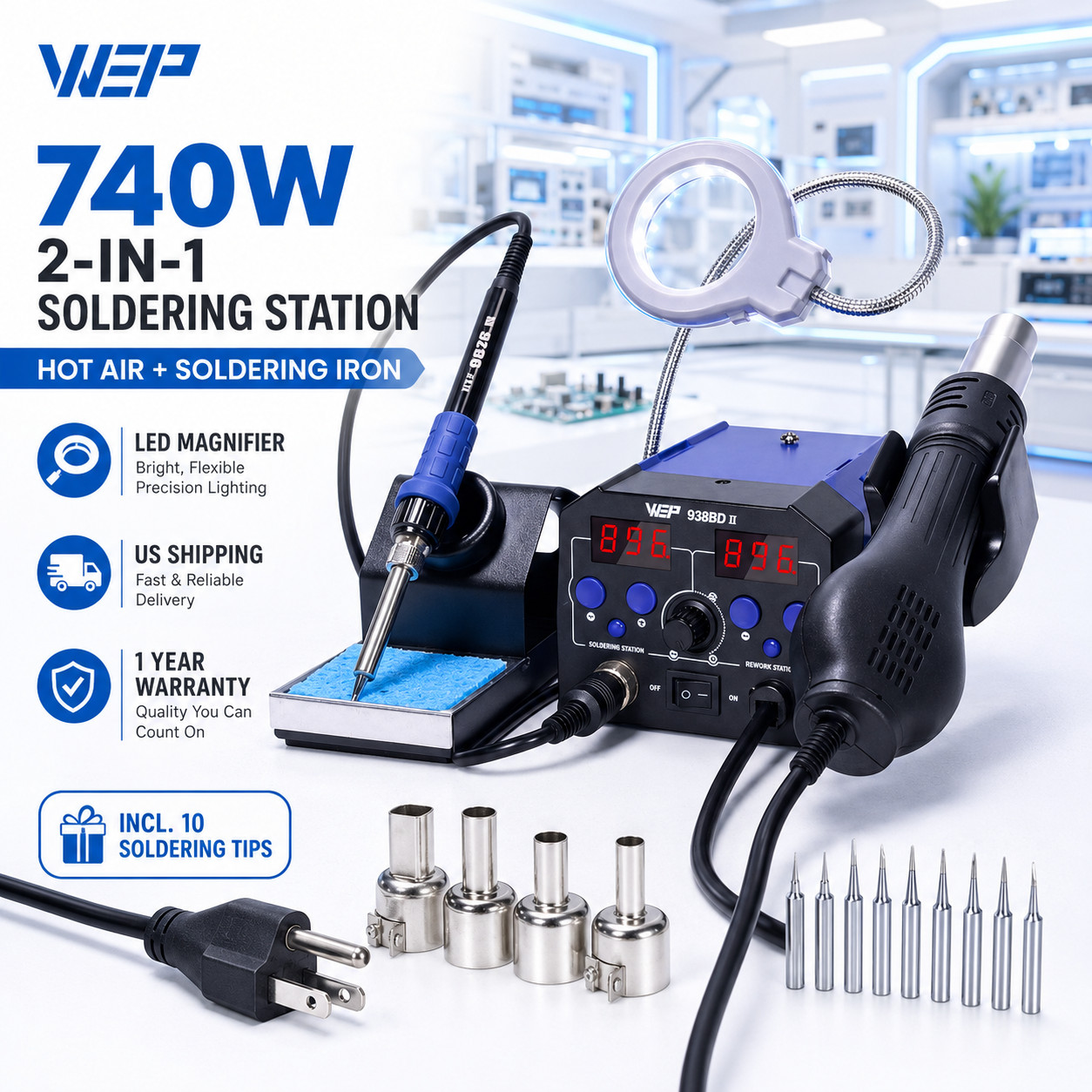 WEP Digital 2in1 Soldering Station Hot Air Gun Heat Rework SMD Welding Tool