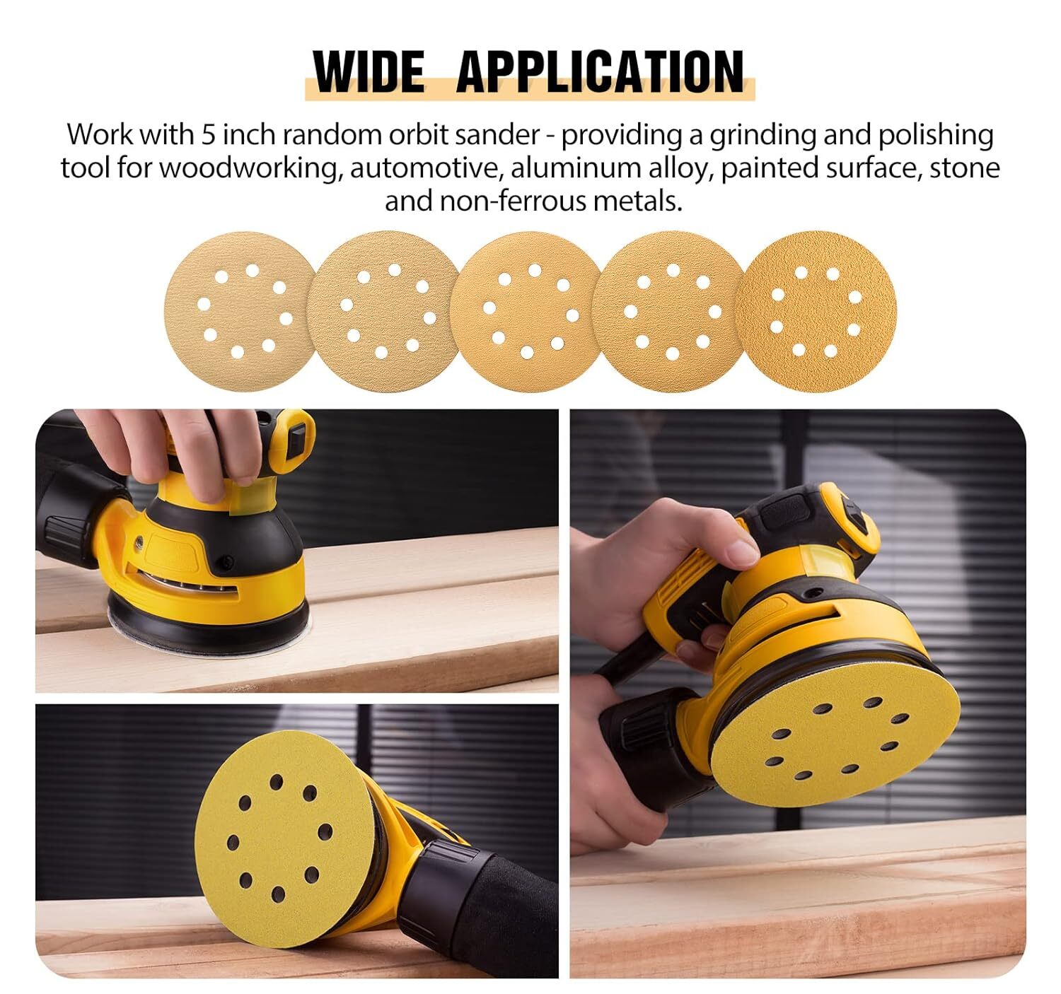 200PCS 5 In 8 Hole Gold Sanding Disc Hook Loop100 Grit for Random Orbital Sander