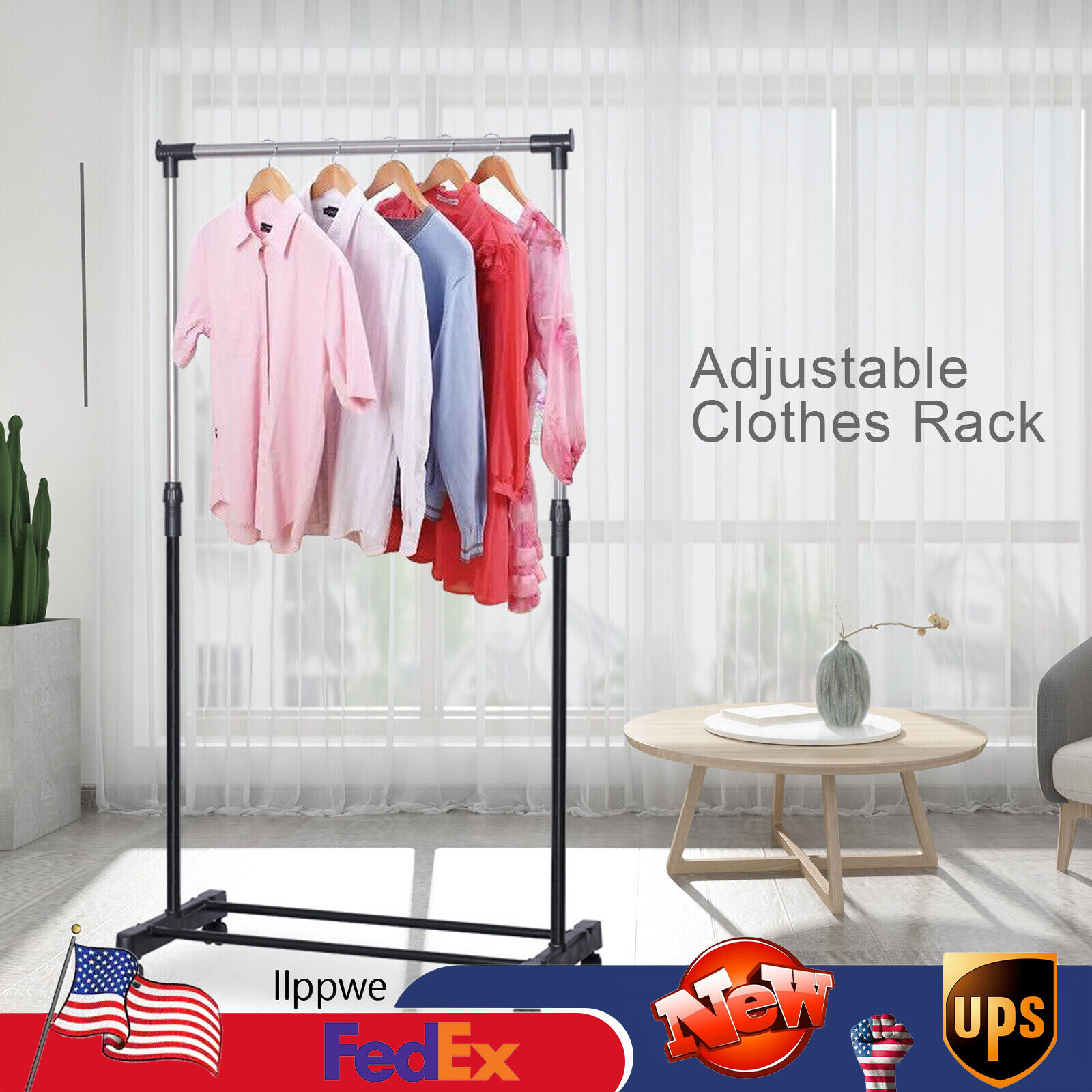 Rolling Garment Rack Single Hanging Heavy Duty Clothes Storage Hanger Portable