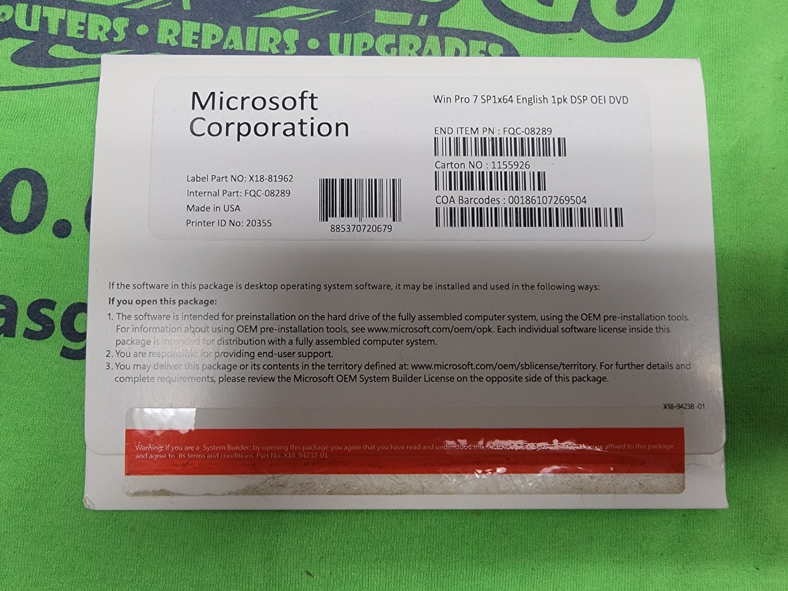 Microsoft Windows Win Pro 7 SP1 X64 English DSP OEI DVD with Product Key