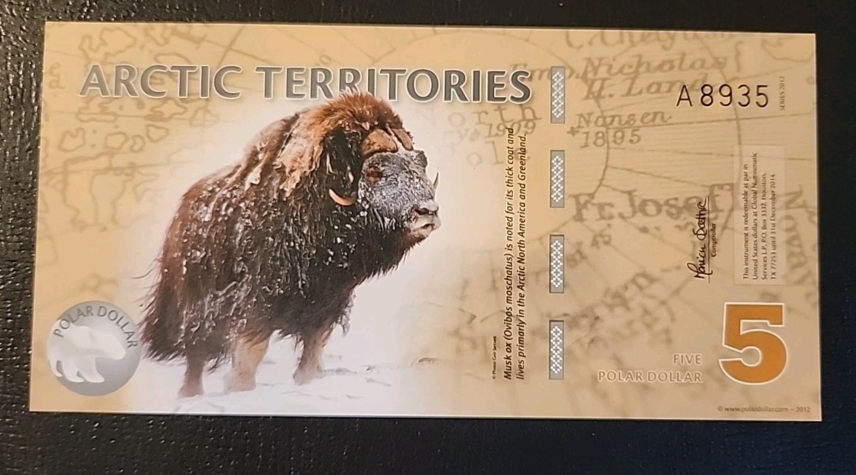 Lot of 5 Arctic Territories 5 Dollar 2012 Polar Dollars Polymer Unc. Banknote
