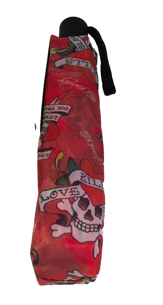 ED HARDY COMPACT UMBRELLA SKULLS HEARTS ❤️ Love Kills Slowly Auto Open RED NWT