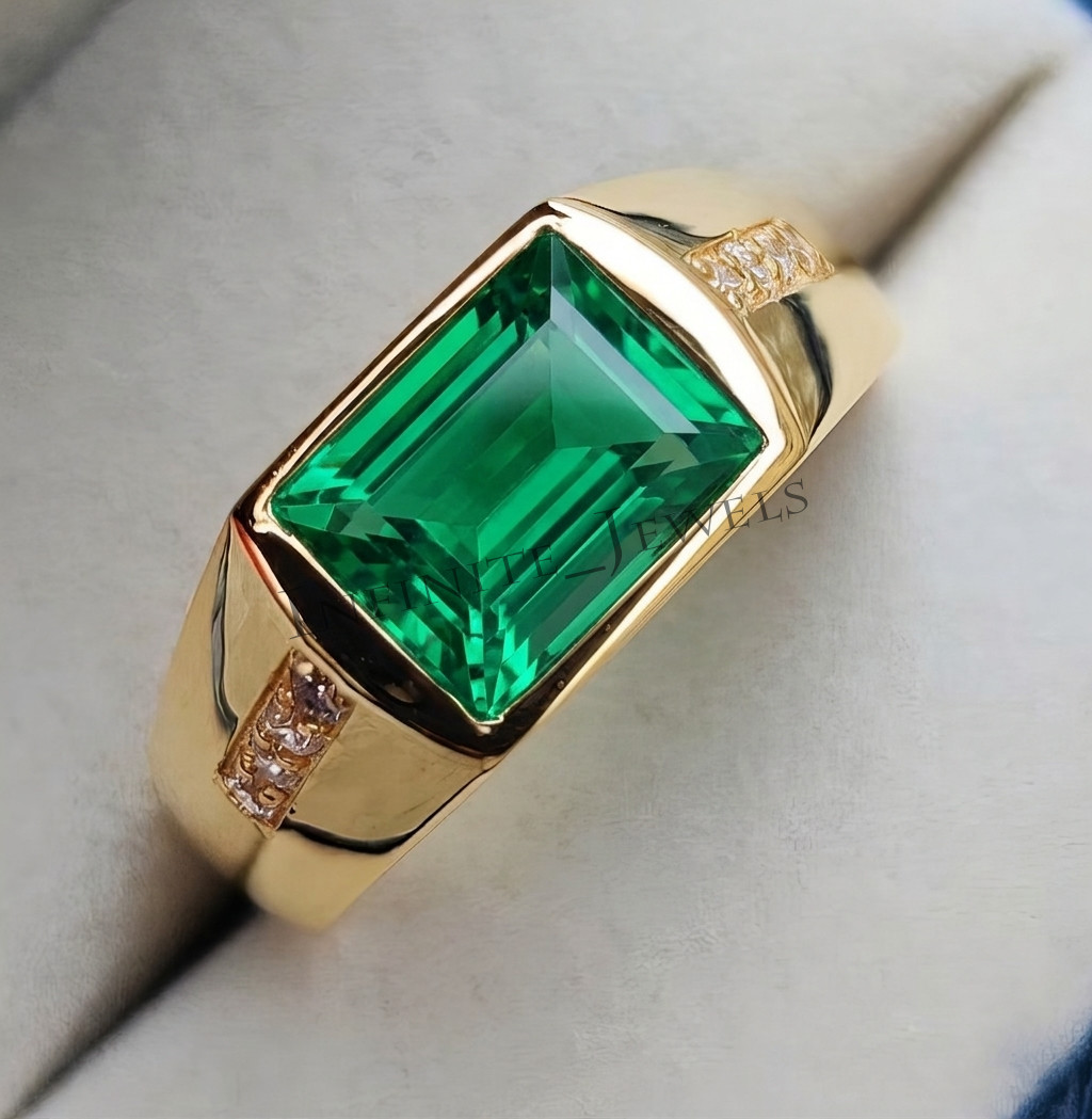 Men's Emerald Statement Ring Solid 925 Sterling Silver Ring Green Gemstone Ring