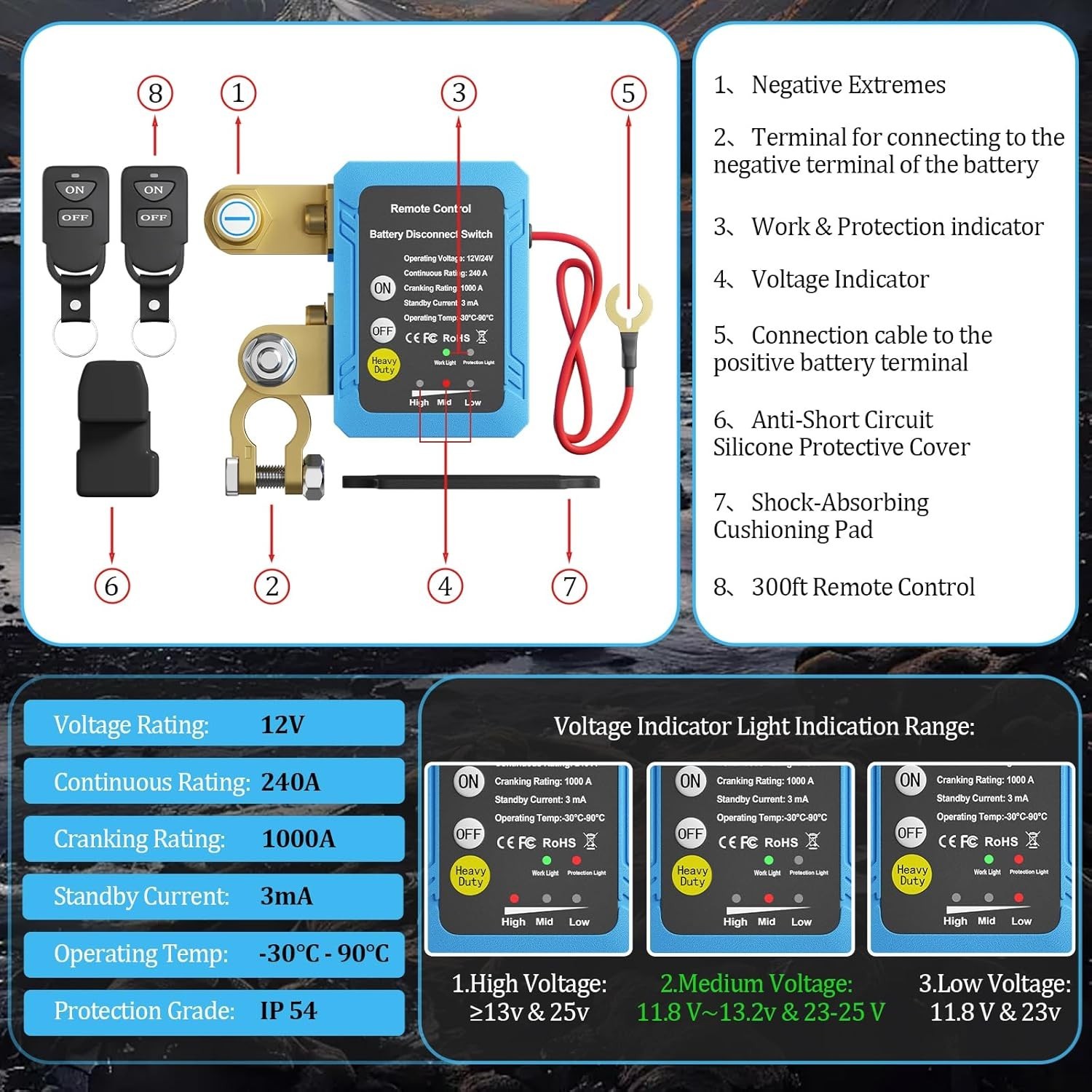 Remote Battery Disconnect Switch 12V, 240A, Kill Switch for Car Prevent Batte...