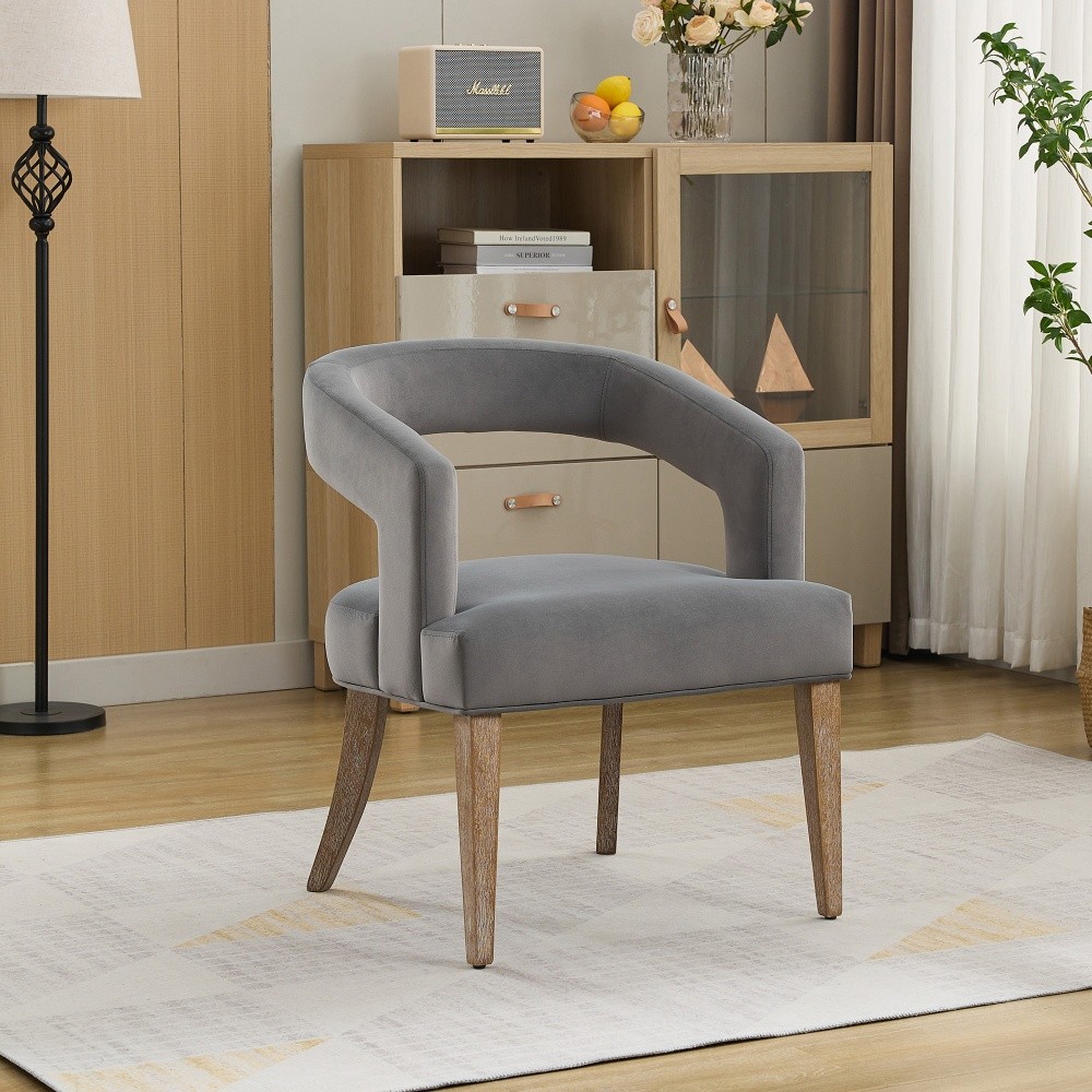 Gray Velvet Barrel Open Back Upholstered Accent Chair with Solid Wood LegsChairs