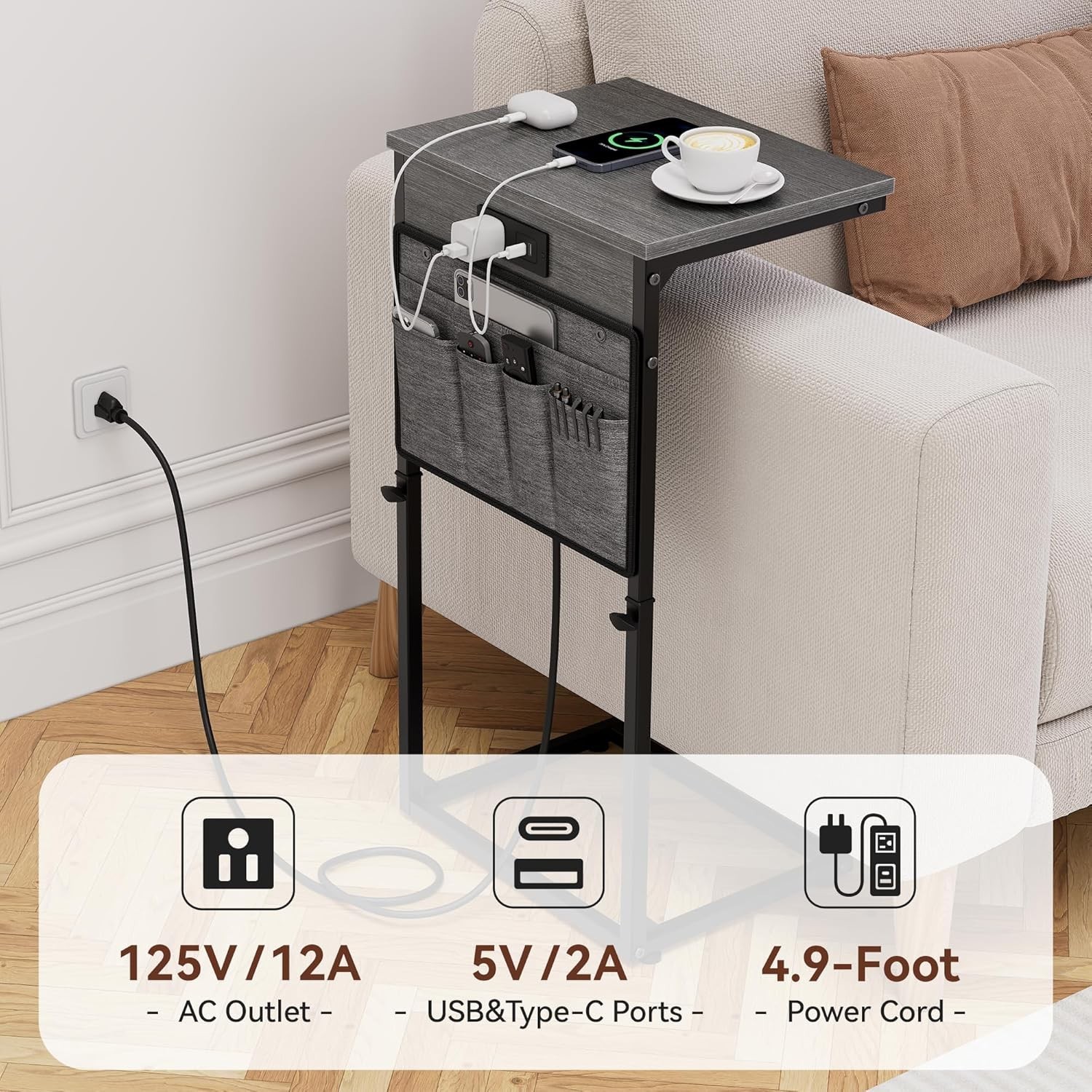 C Shaped End Table W/ Charging Station 33" Tall Side Table Couch Sofa Table