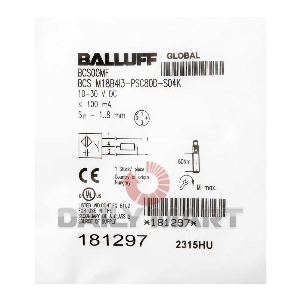 New In Box BALLUFF BCS00MF BCS M18B4I3-PSC80D-S04K Capacitive Sensor