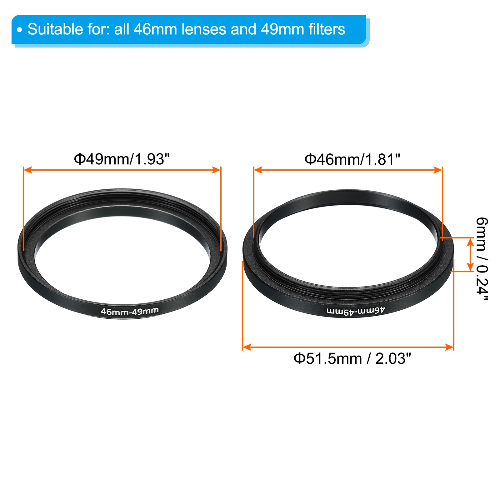 2Pcs Metal Step Up Ring 46mm-49mm Camera Lens Filter Adapter Ring Black