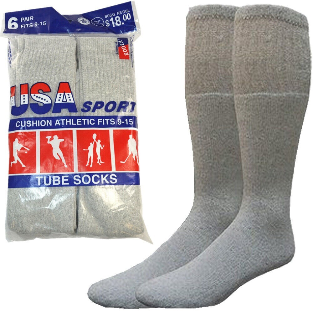 6 Paris Men's Grey Cotton Athletic Sports Tube Socks 30" Size13-16 Big & Tall