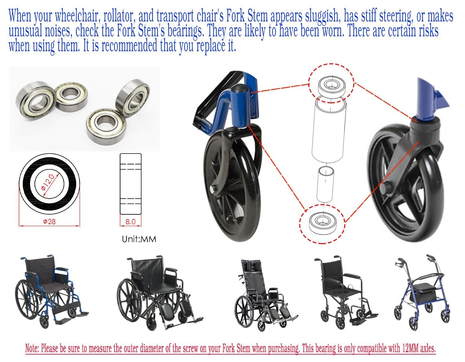 Wheelchair Fork Stem Bearing,Rollator Bearing,Front True Color