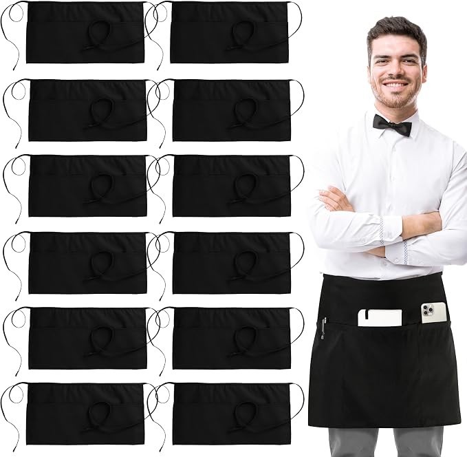 12 Pack Server Short Apron with 3 Pockets For Waiter & Waitress, Short Apron