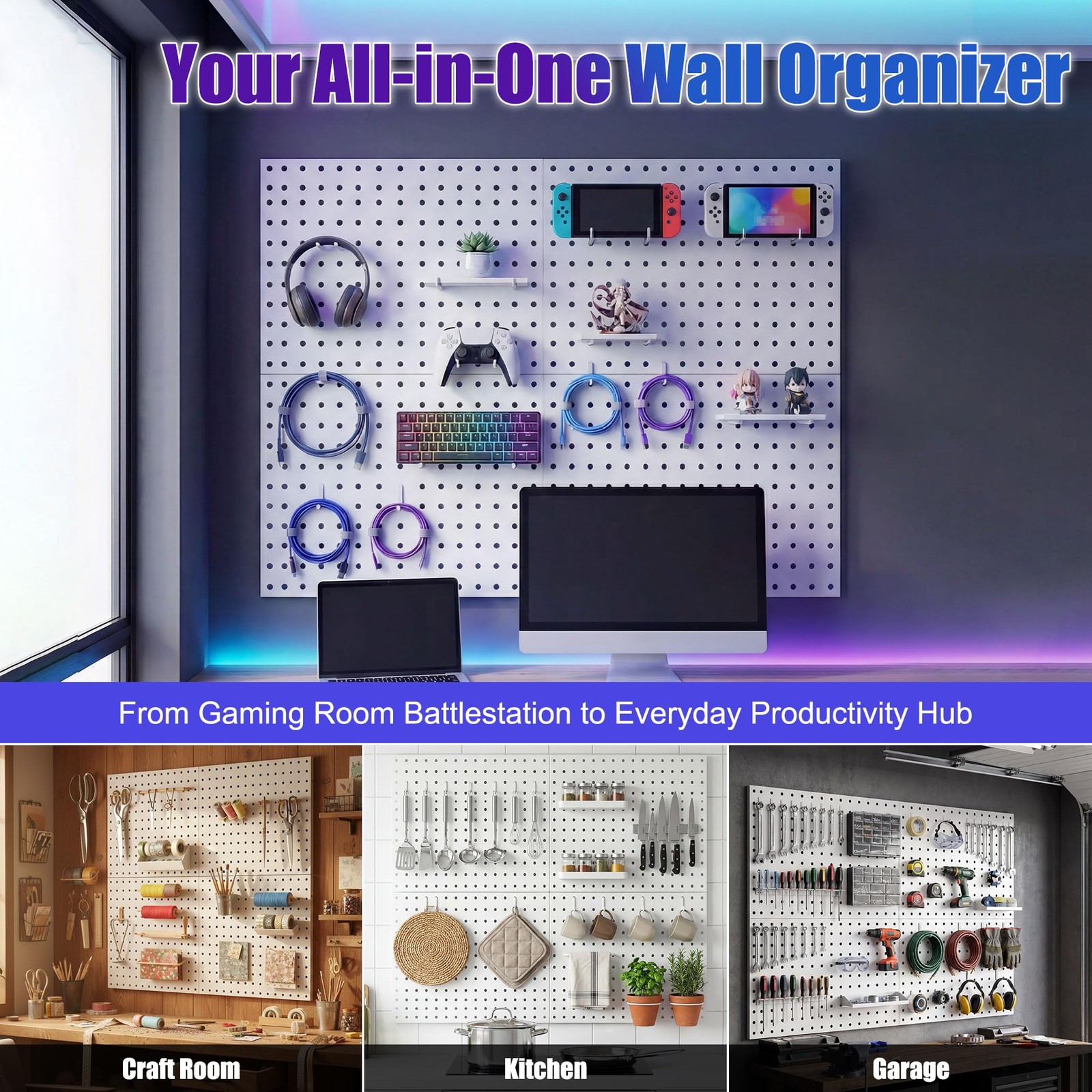 Peg Board, 4 Pack Metal Peg Board Panels, White PegBoard Wall Organizer for G...