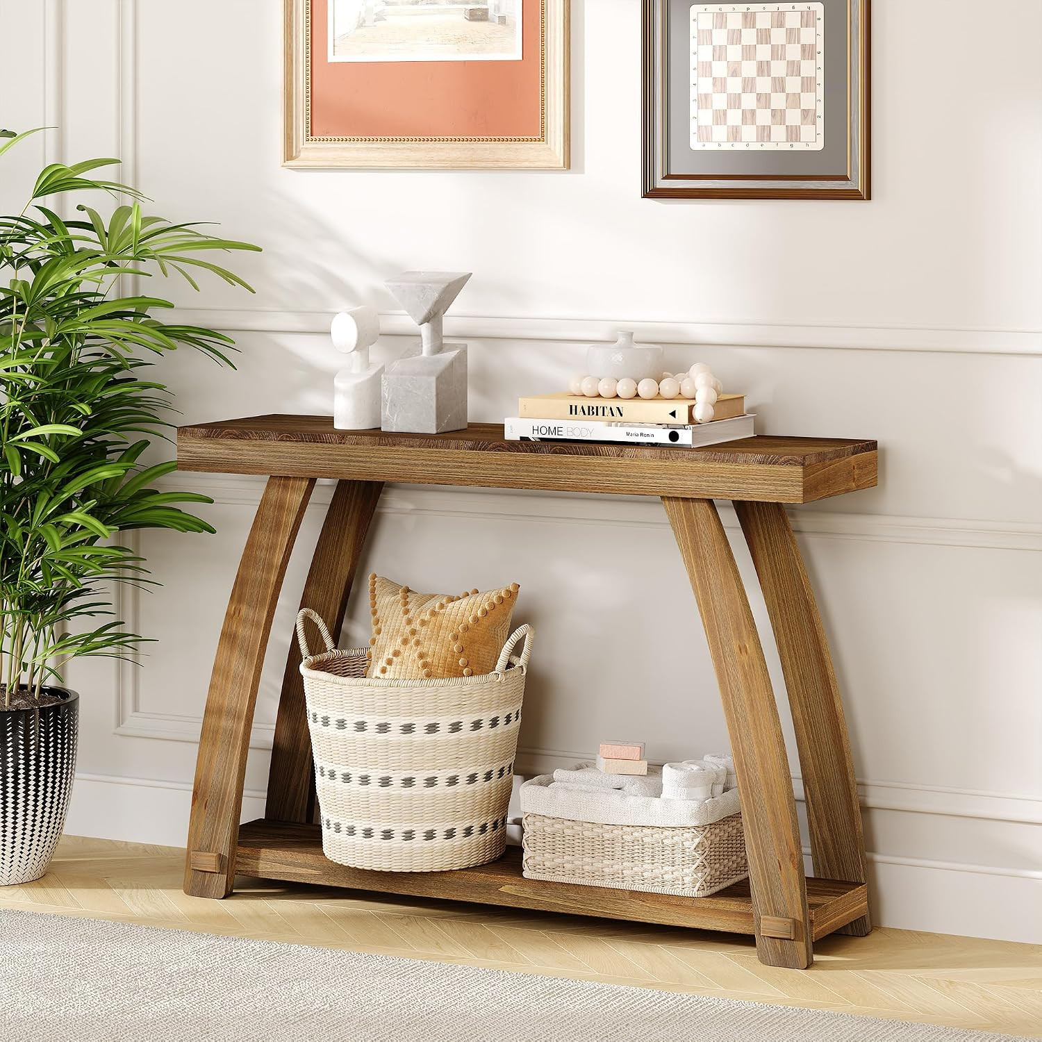 Solid Wood Console Table,42.5" Sofa Table with Slightly Curved Legs | Bottom Sto