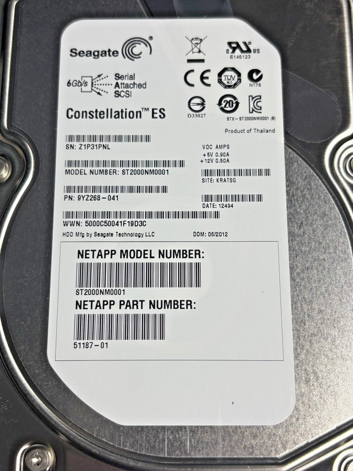 Seagate  ST2000nm0001  2TB - 7200RPM - 6Gbps - PI -SAS Disk Drive - PN9YZ268-041