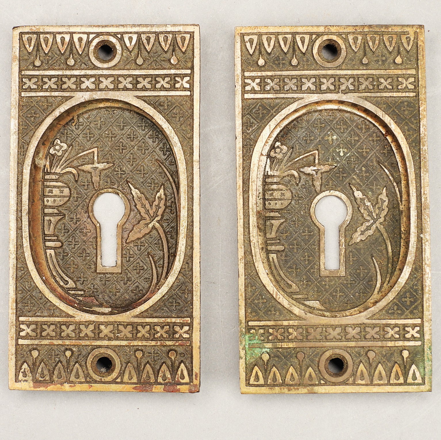 Pr. Antique 19thC. Victorian Aesthetic Brass Architectural Key Escutcheons 4"x2"