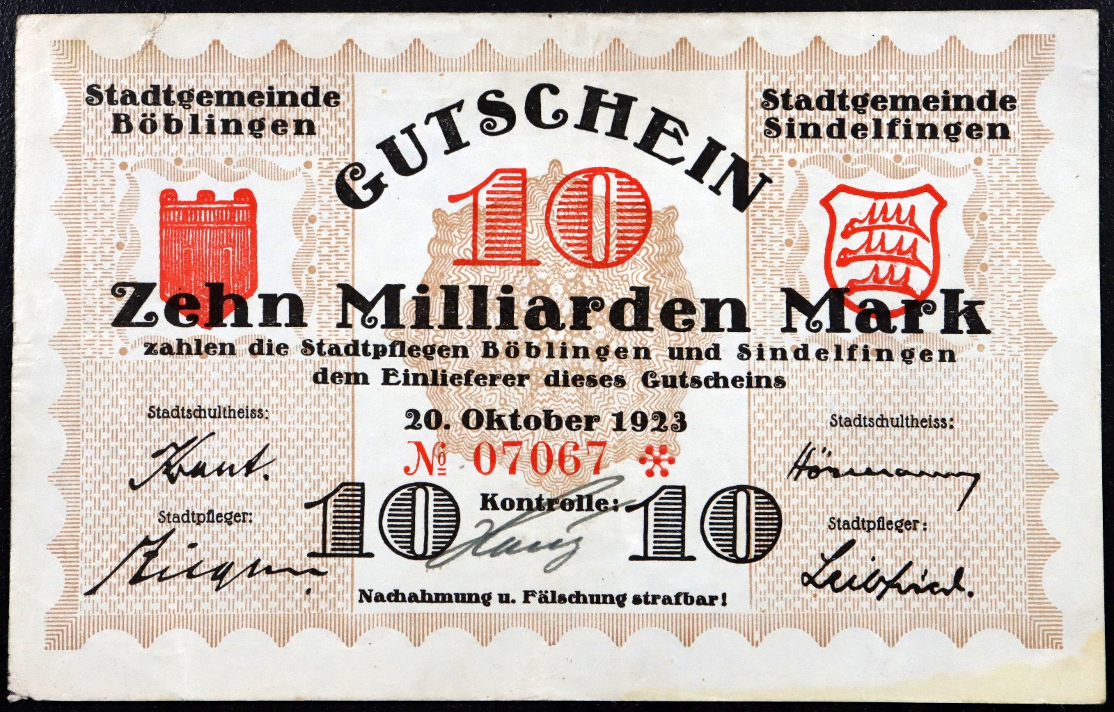 BÖBLINGEN and SINDELFINGEN 1923 10 Milliarden = 10 Billion Mark Notgeld
