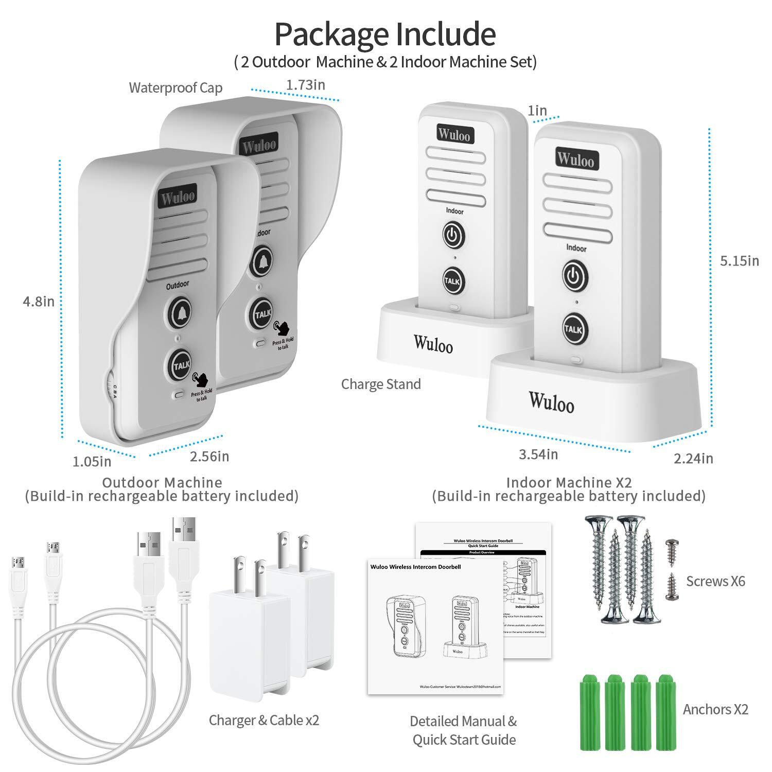 Wuloo Wireless Doorbell Intercoms 2640ft Range Weatherproof Rechargeable Stand