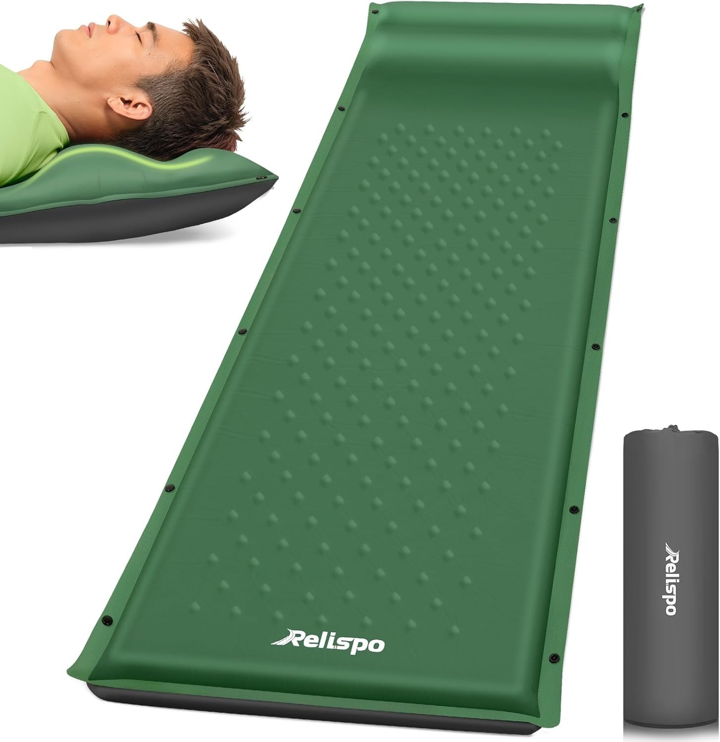 Self-Inflating Sleeping Pad with Built-in Pillow, 8R-Value 4 Season | 30D Green