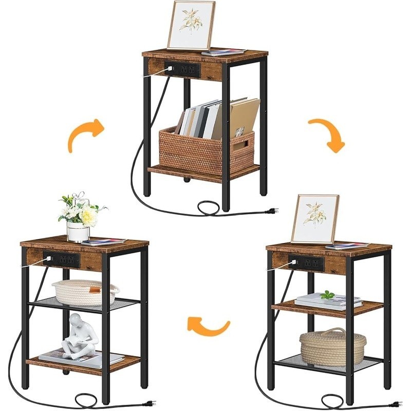 Multifunctional Side Table W/ Charging Station Adjustable Storage Shelves New