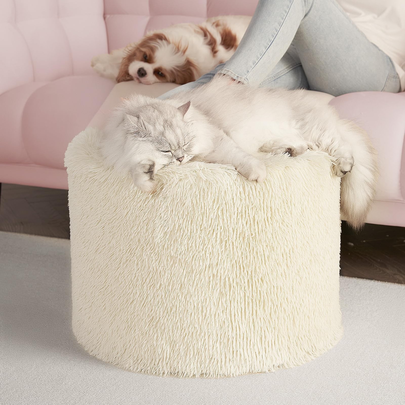Hansleep Pouf Ottoman Foam Filled 17 x 14, Faux Fur 17"D x 17"W x 14"H, Beige