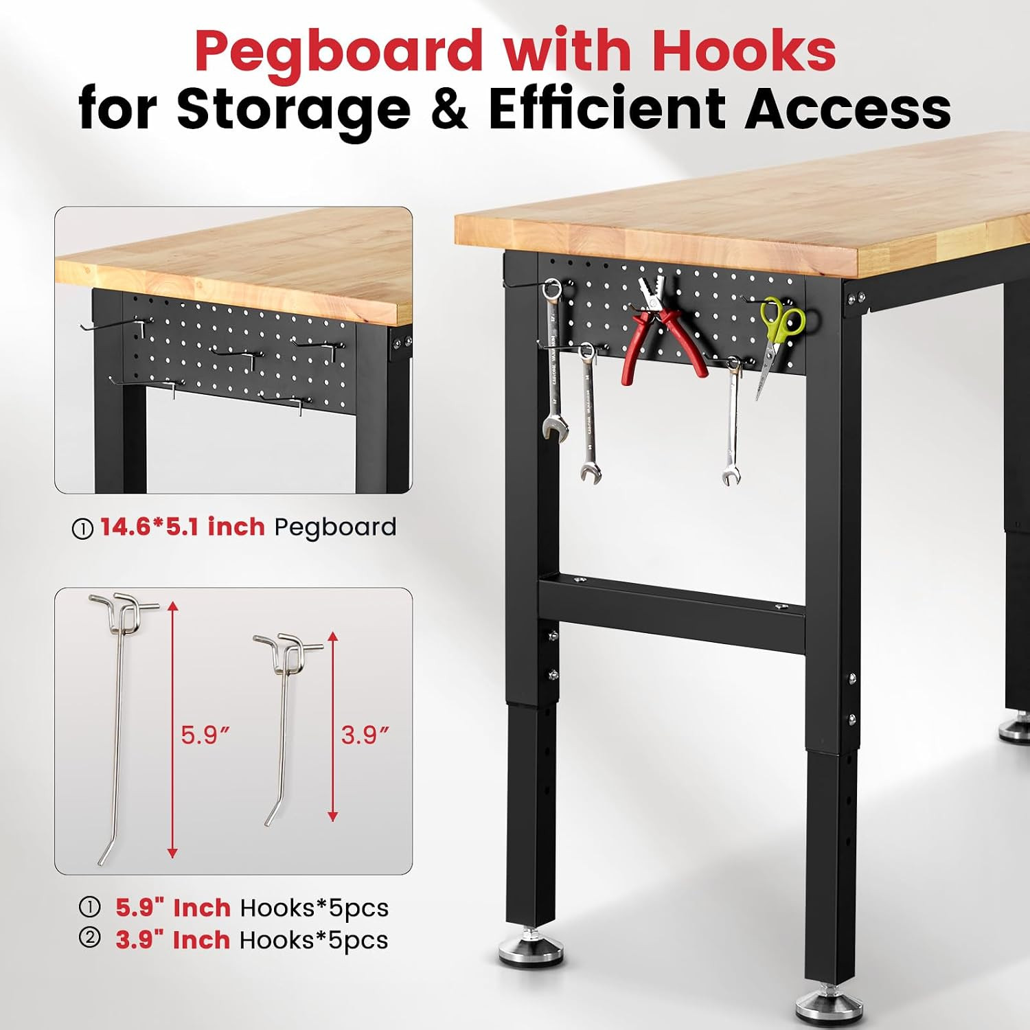 ENJOYWOOD 60" Adjustable Height Workbench with Pegboard & Power Outlet Heavy Dut