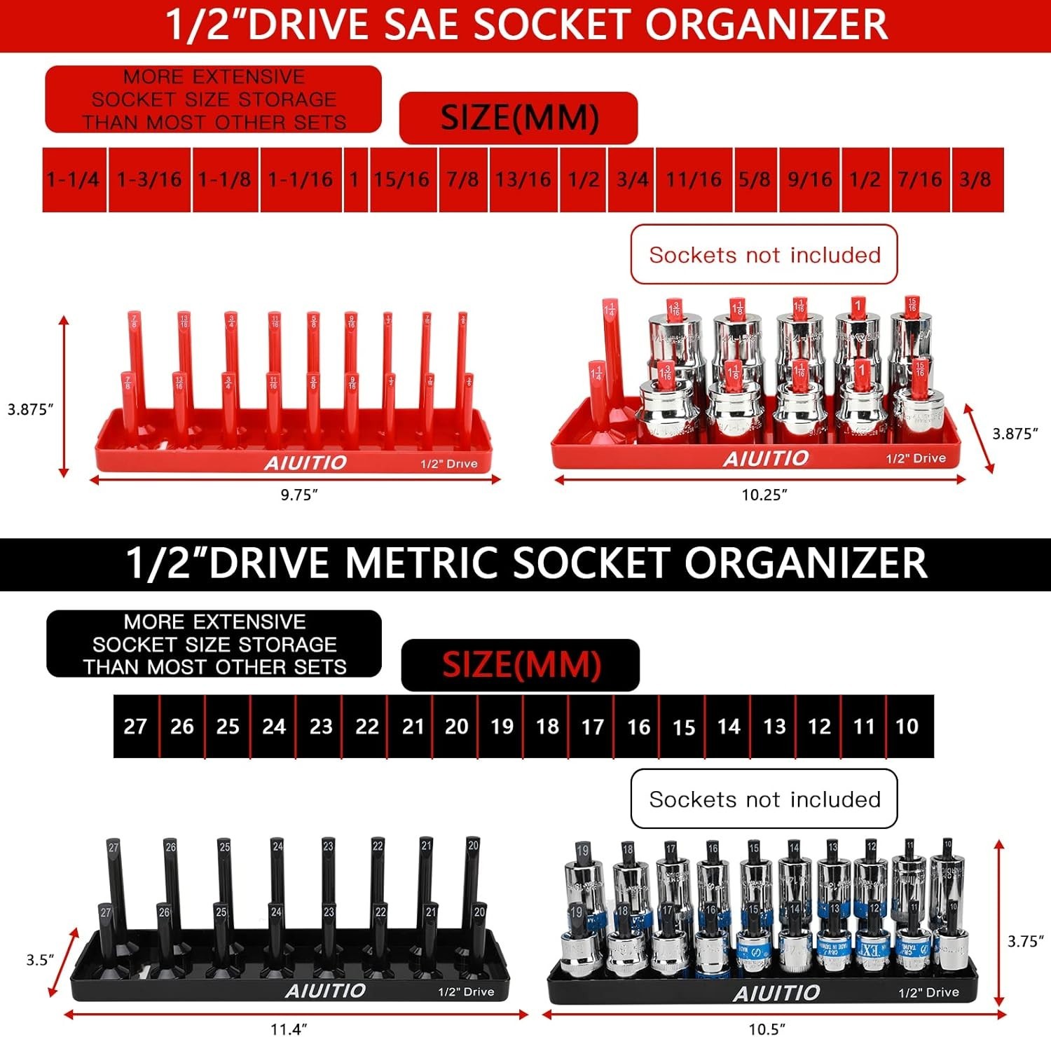 Mechanic Tool Organization - 6/8 Piece Socket Tray Set Red Sae Black