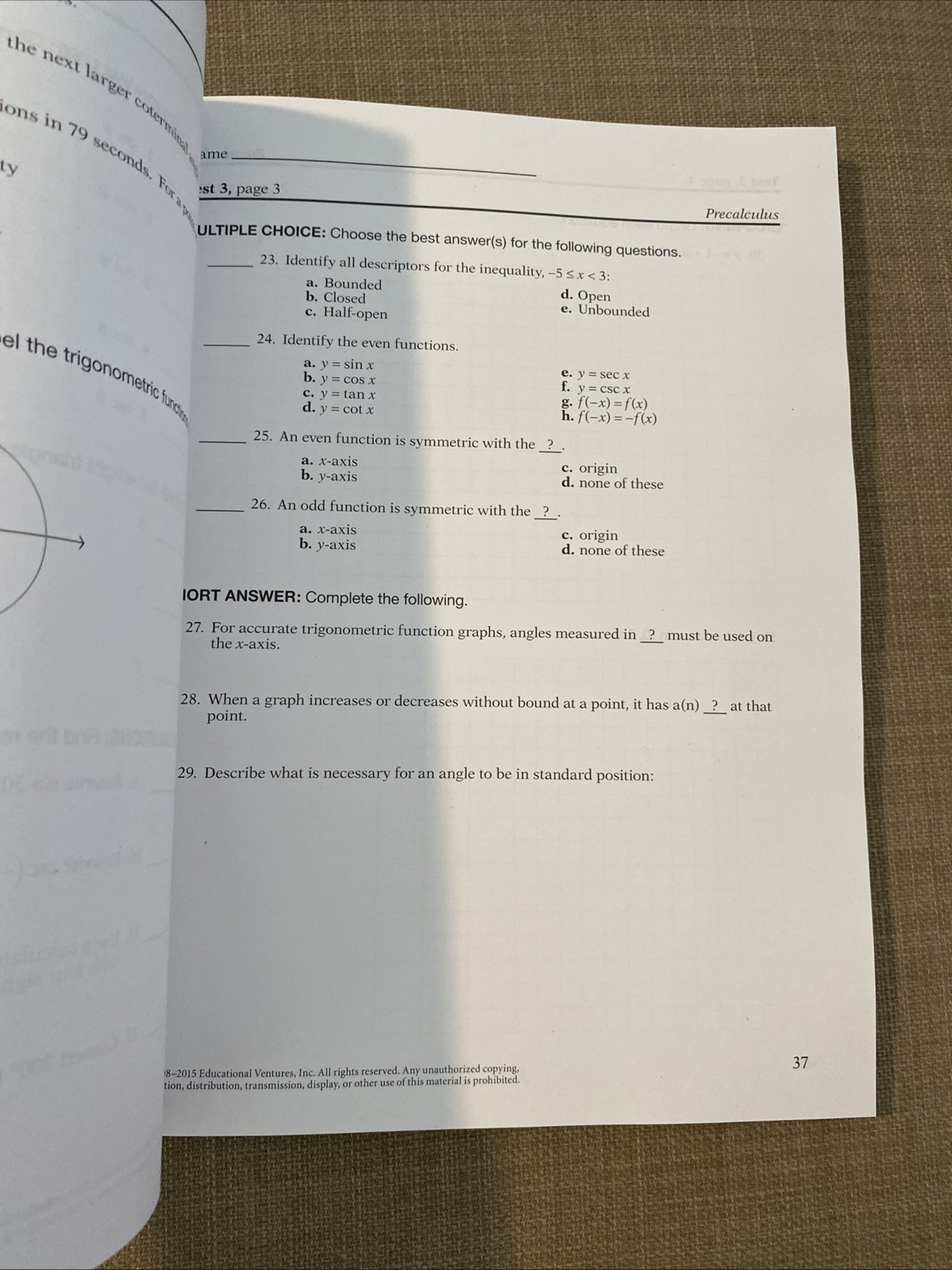 ABeka 12th grade Precalculus Student Quizzes/Tests No Writing