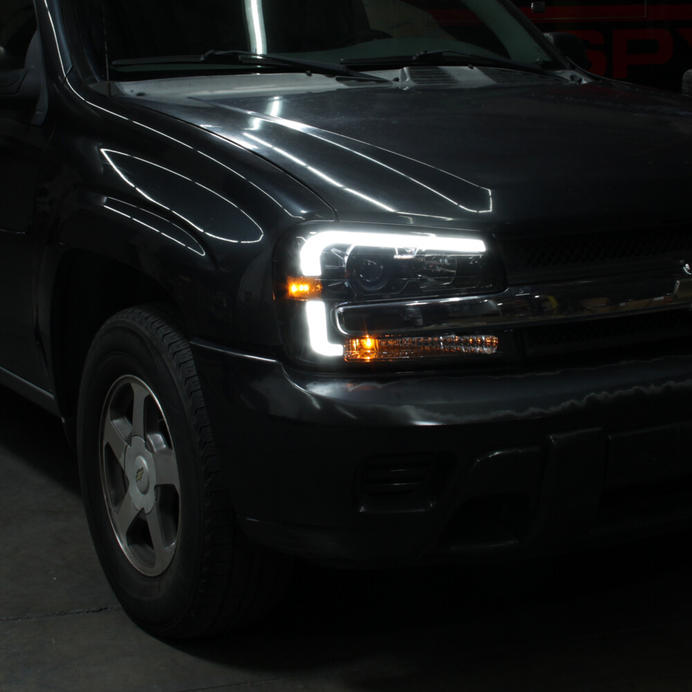 2002-2009 Chevy Trailblazer Black LED Tube Projector Headlights Pair Left+Right