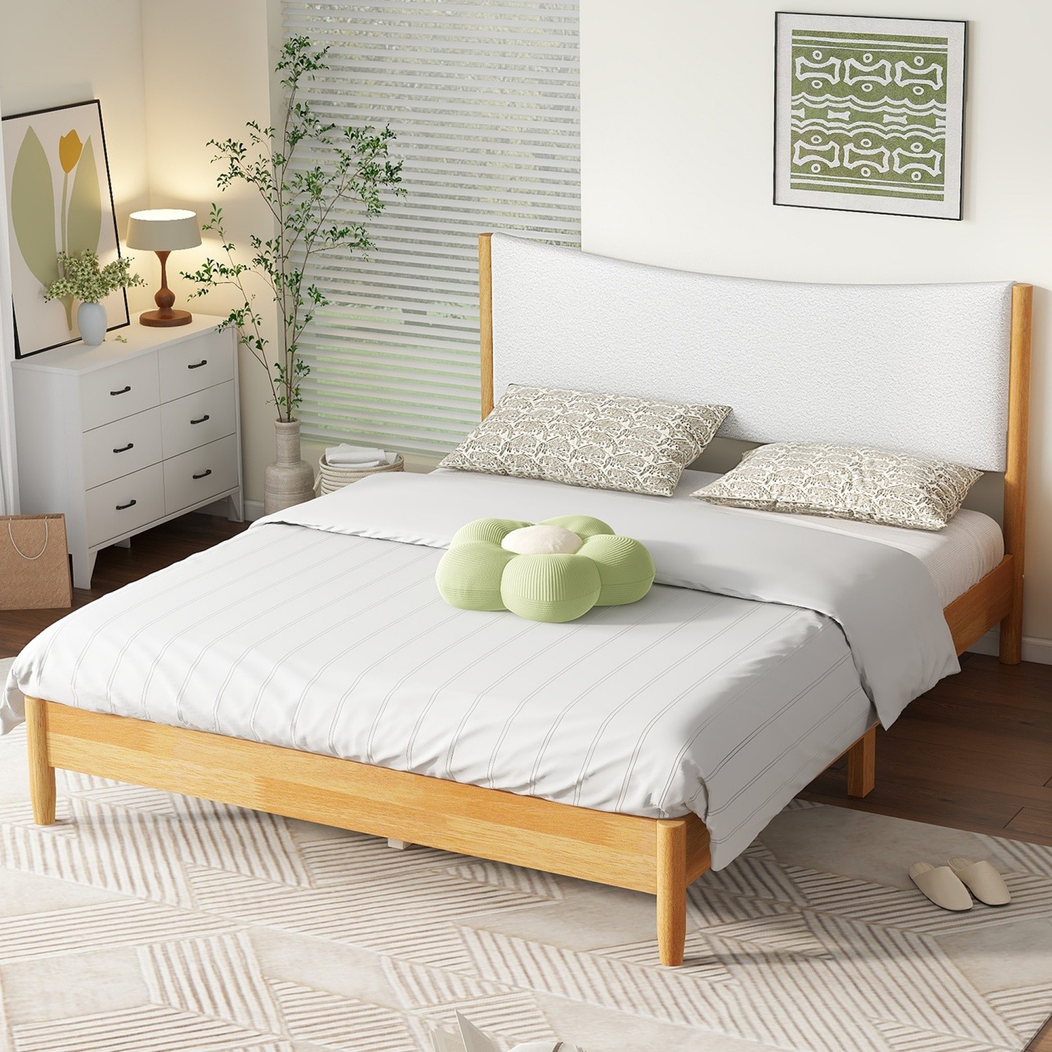 Queen Size Solid Wood Platform Bed Frame with Upholstered Headboard Natural