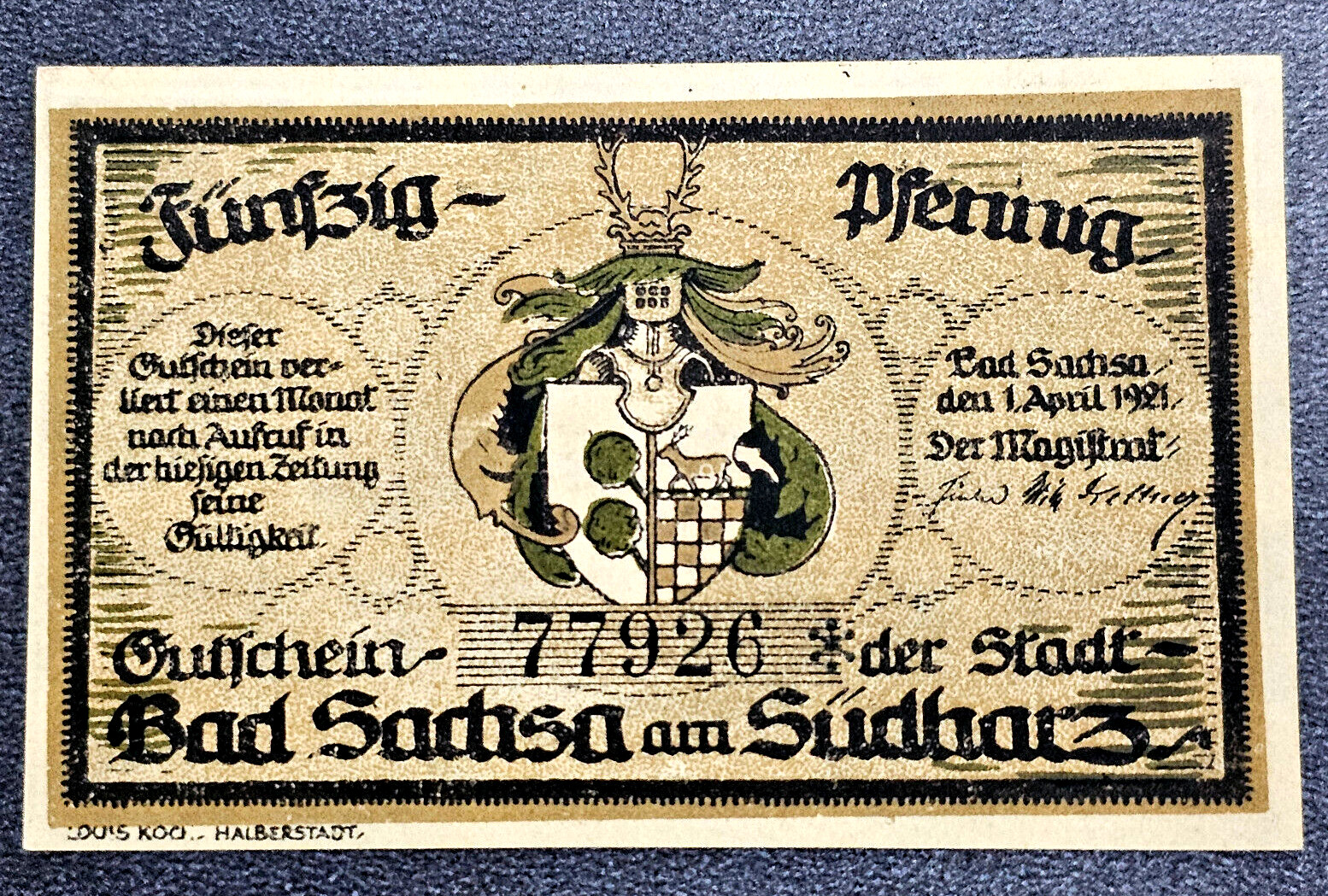 BAD SACHSA NOTGELD 50 PFENNIG 1921 EMERGENCY MONEY GERMANY BANKNOTE (33788)