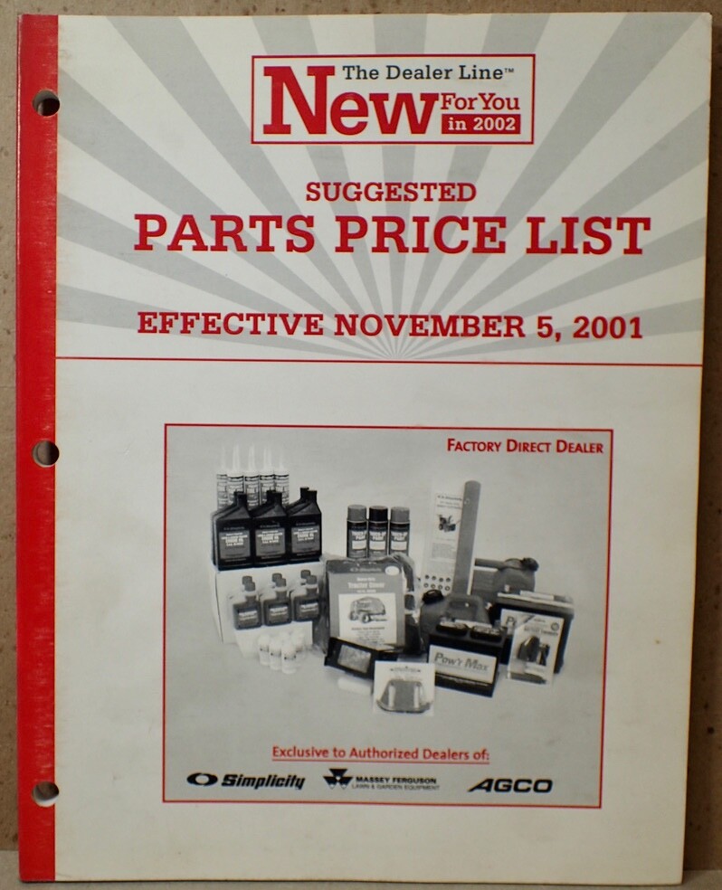 2001 THE DEALER LINE Genuine Parts Price List Simplicity Massey Ferguson AGCO