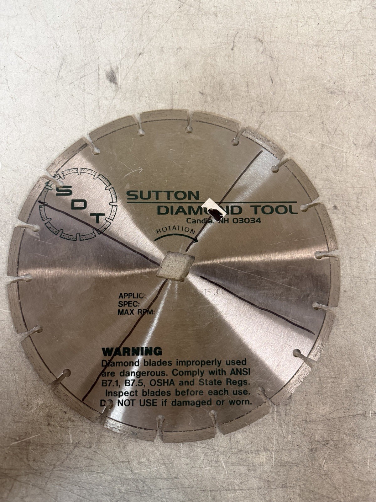 NEW Sutton Diamond Tool App: Green Concrete Dry SPEC: GDPR010 RPM: 6100