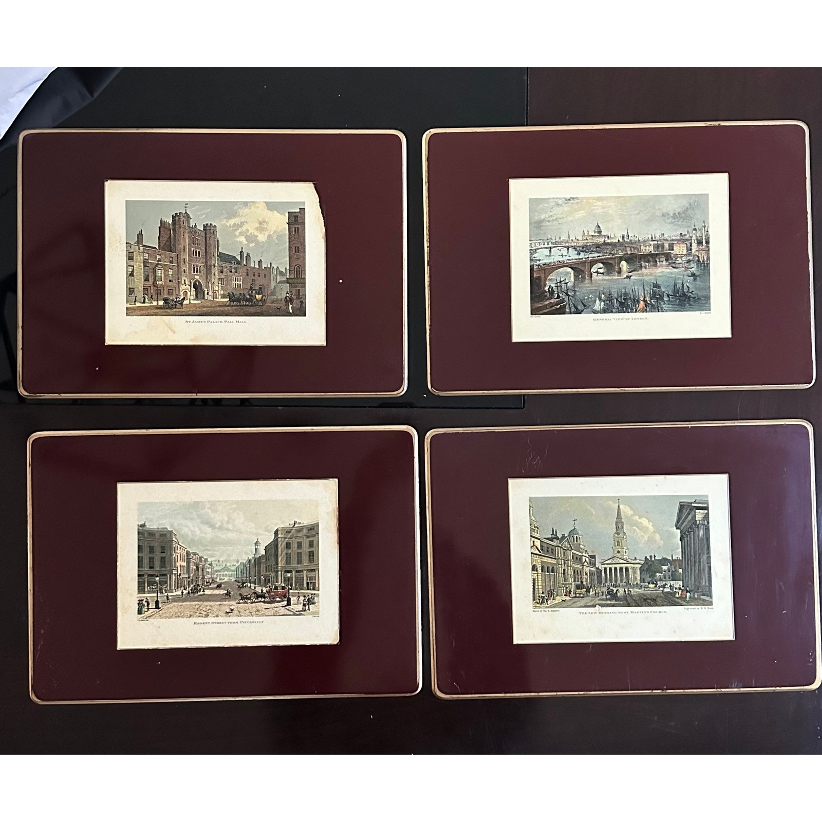 Set of 4 London Scene Placemats W.H. Bartlett Burgundy Gold Trim Cork Back