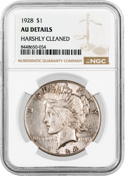 1928 $1 Silver Peace Dollar NGC AU Details Harshly Cleaned Key Date Coin #54