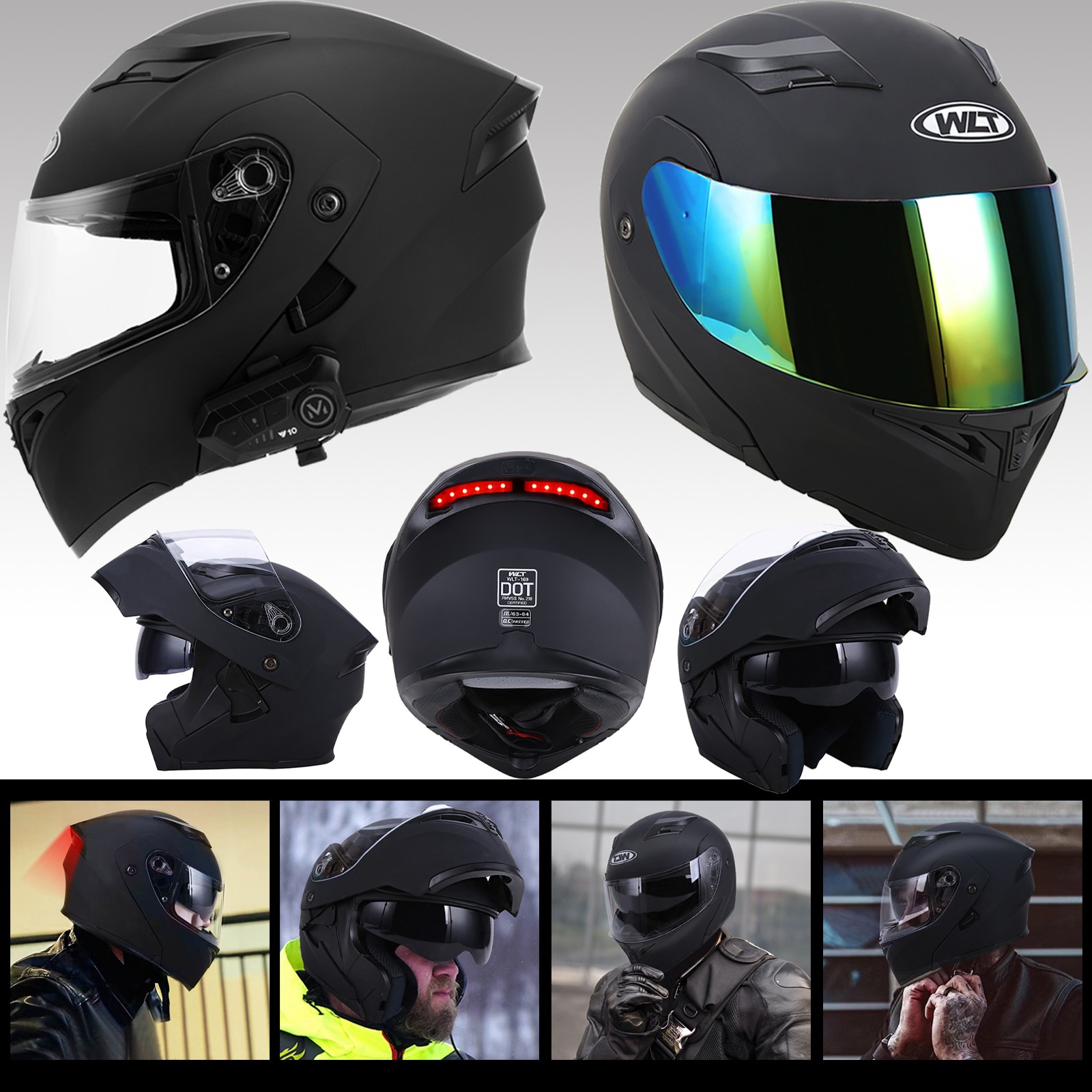 Bluetooth Helmet DOT Modular Full Face Dual Visor FlipUp Snowmobile ATV UTV USA