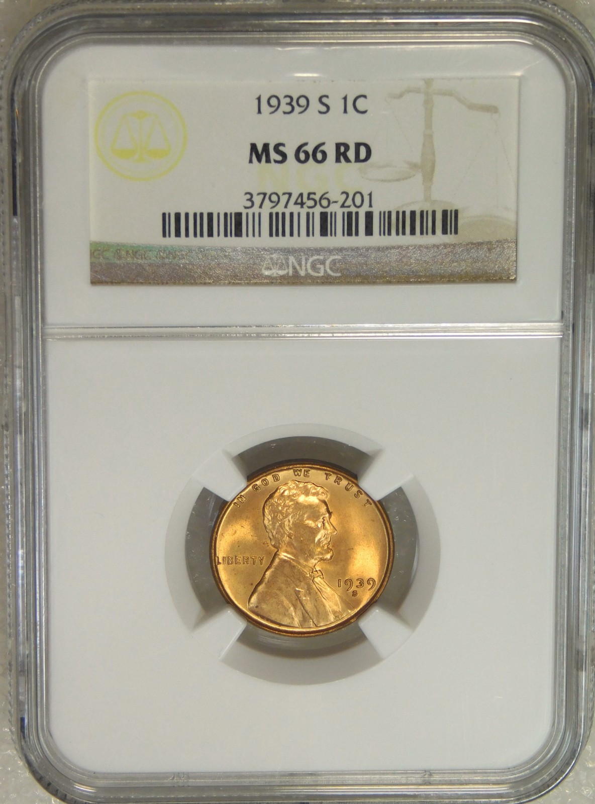 1939-S Lincoln Cent NGC MS66RD Bright Red Luster, PQ coin in New Holder #N382H